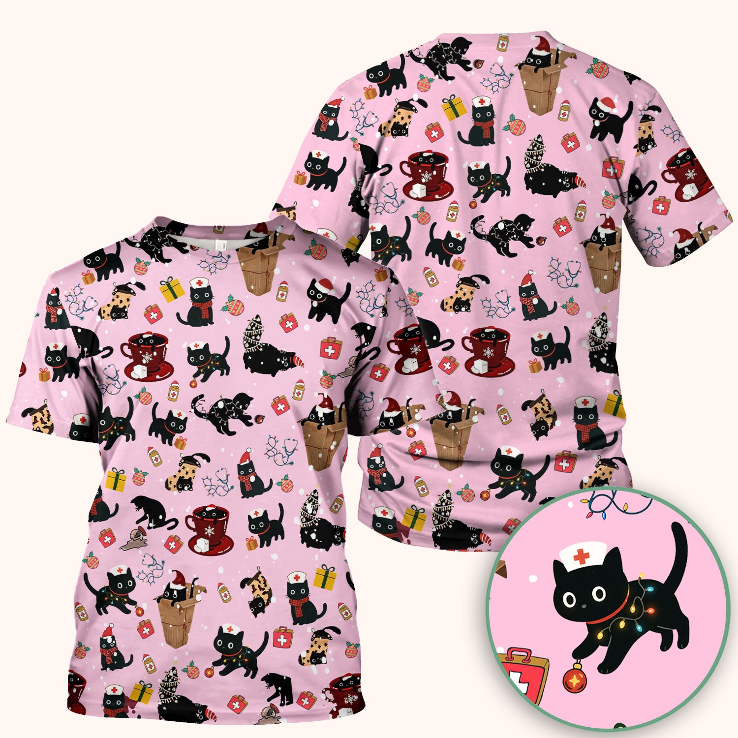 Christmas Cat Scrub Top for Nurse - Funny Black Cats Shirt - Cute Holiday Medical Uniform for Women
