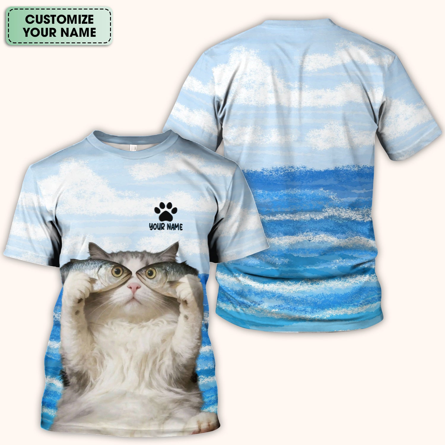 Personalized Cat Holding Fish Pattern Nurse Scrub Top, Comfortable Scrubs for Nurses