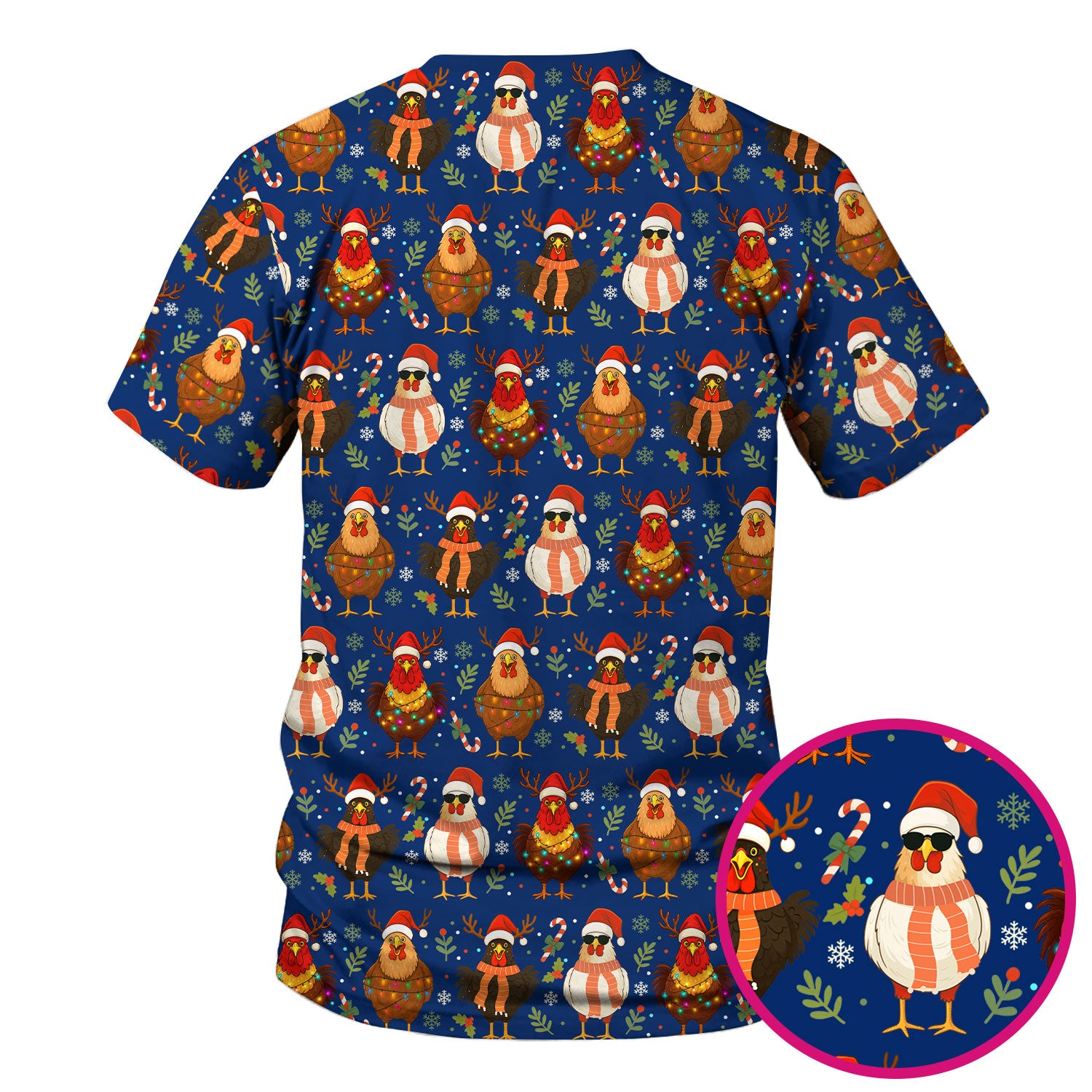 Chicken Scrubs Christmas Edition - Cute Funny Hen Pattern Medical Scrub Top for Women - Holiday Christmas Scrubs with Festive Print