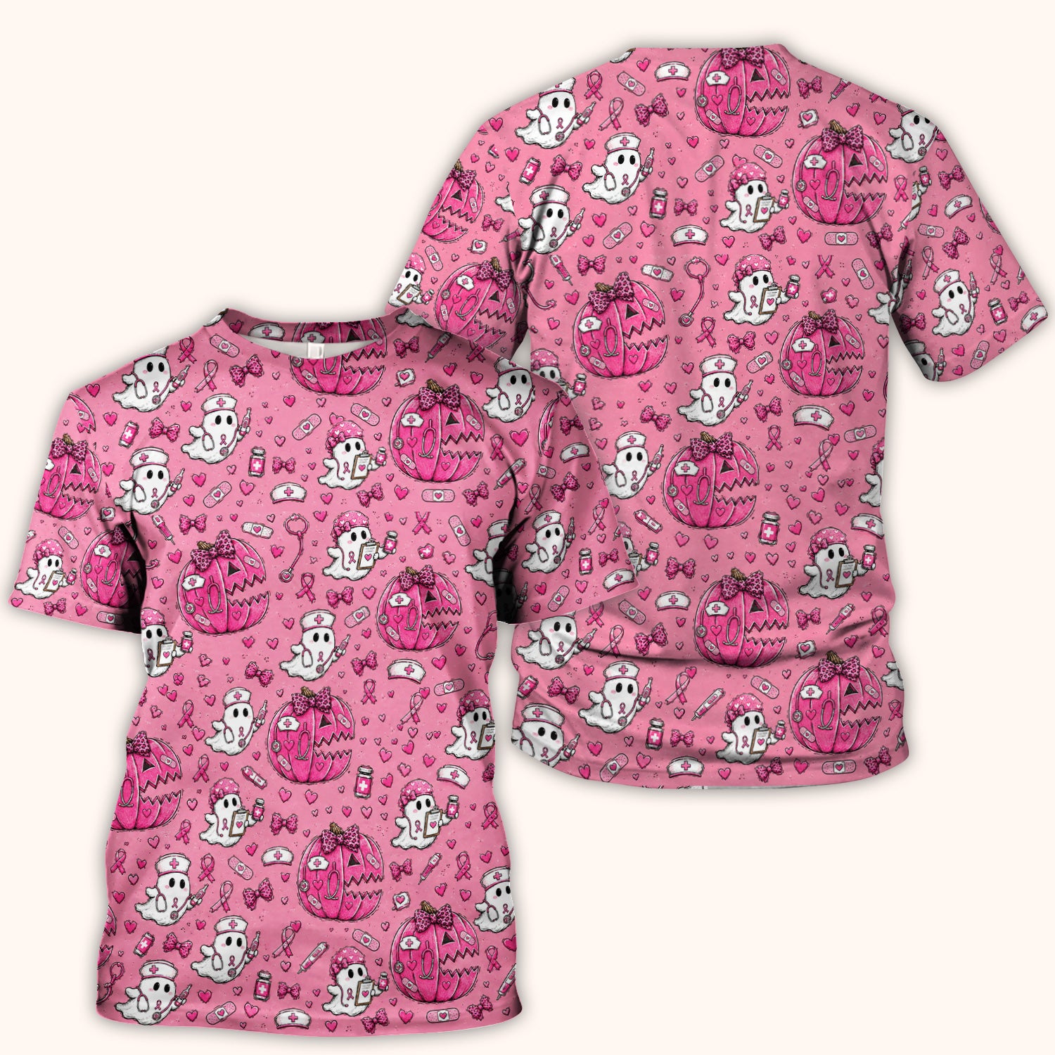 Pink Ribbon Ghost Pattern Scrub Top, Comfortable Scrubs for Nurses