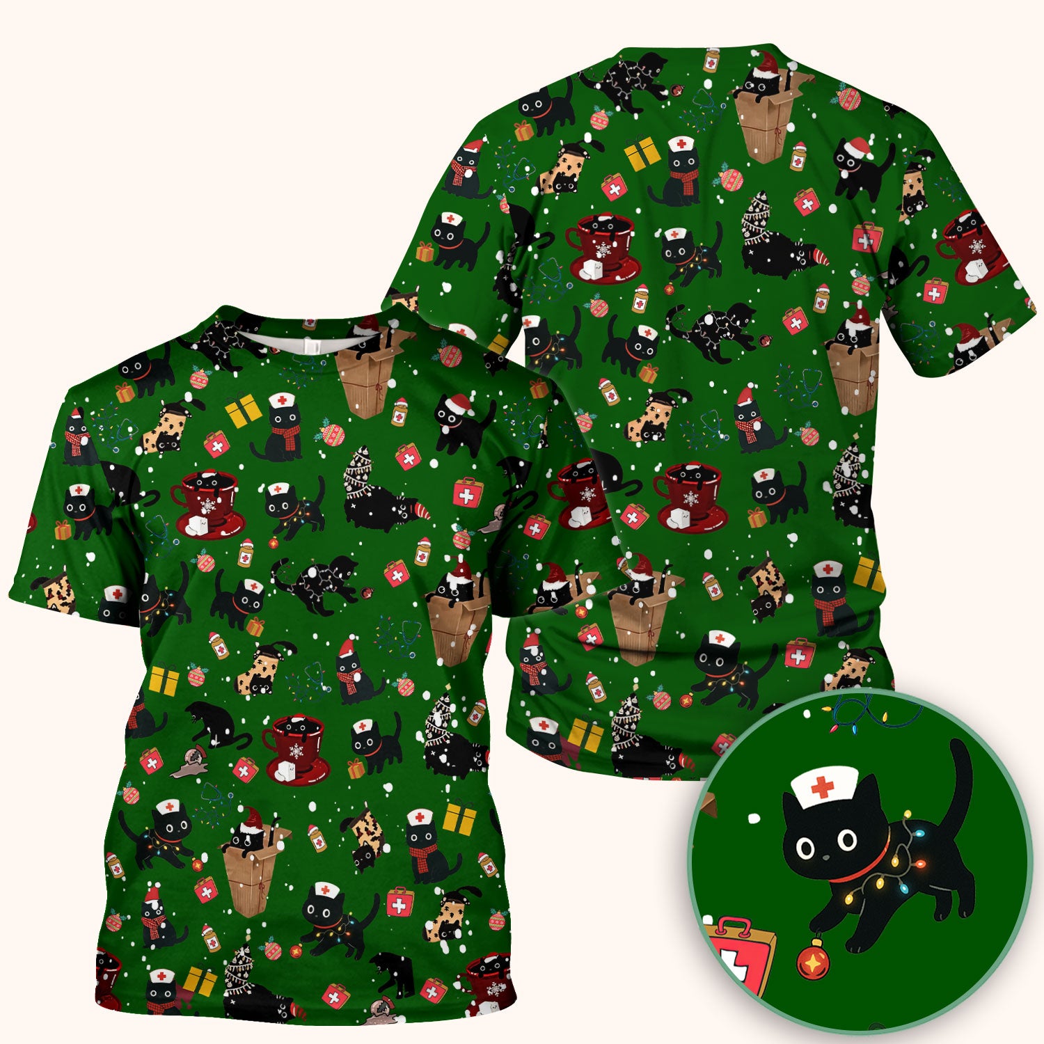 Funny Cat Scrub for Women - Christmas Black Cats Comfortable Scrubs for Nurses - Breathable Fabrics Nursing Uniform