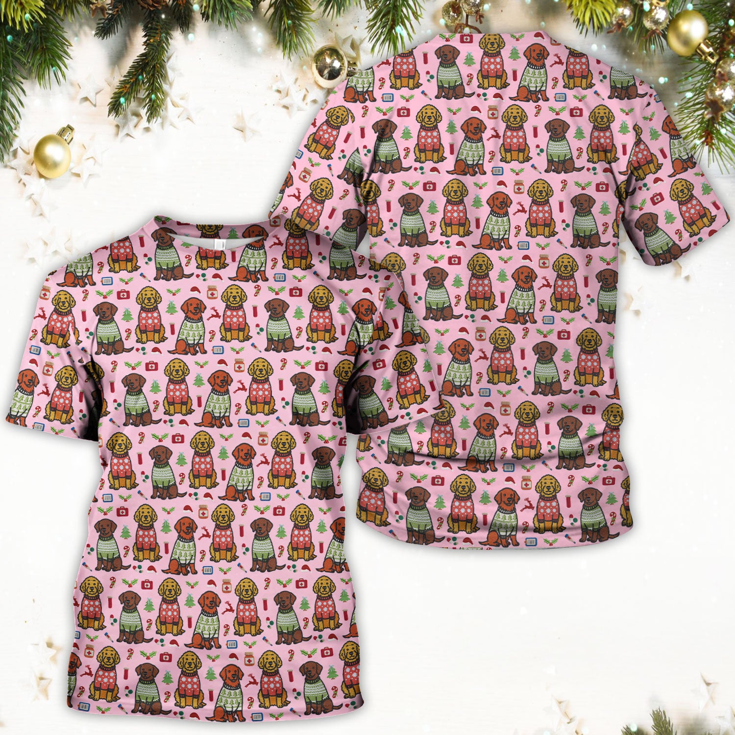 Golden Retriever Christmas Scrub Top, Cute Holiday Dog Nurse Pattern Shirt, Breathable Fabrics Nursing Uniform