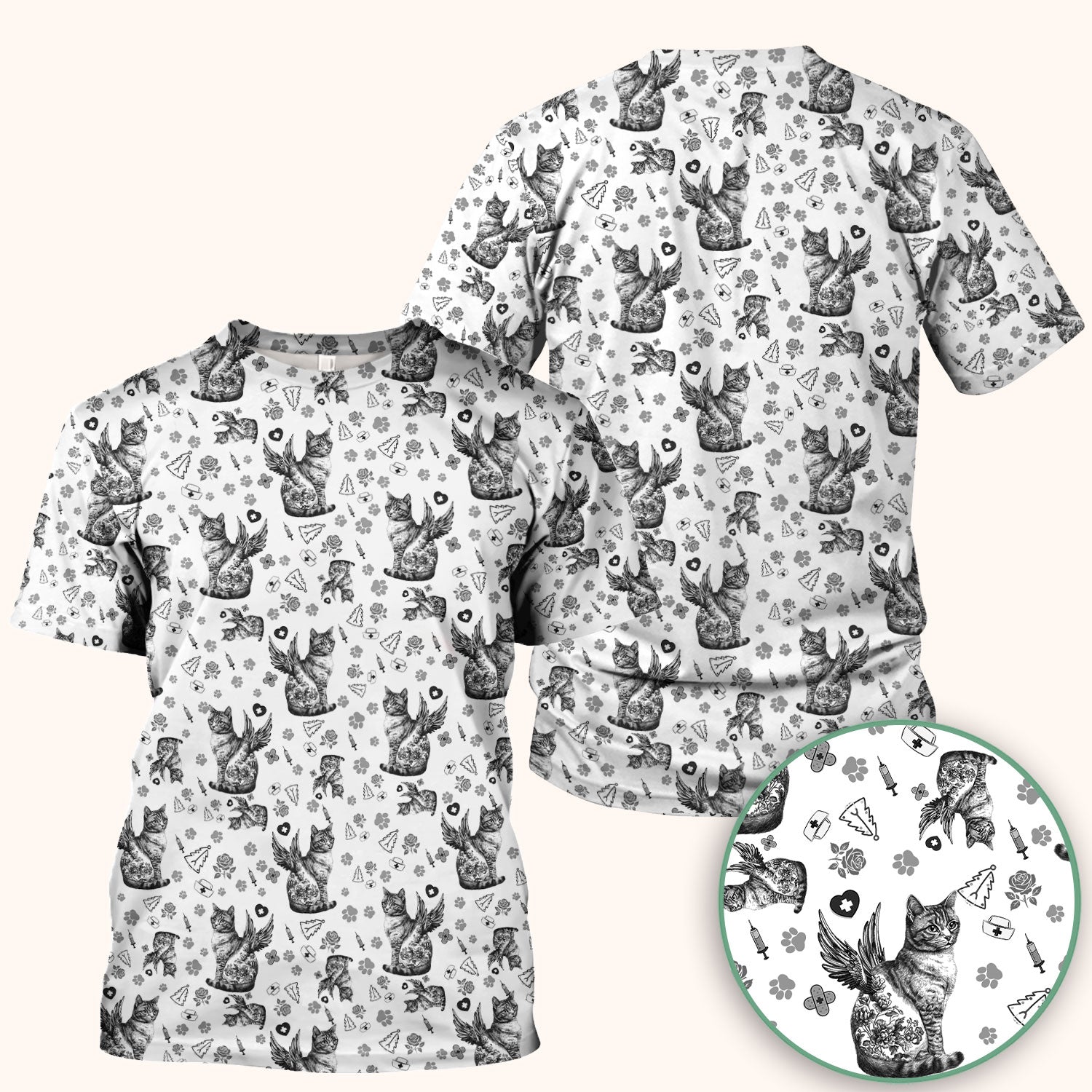 Toile de Jouy Cat Angel Scrub Top - Blue Vintage Nurse Shirt - French Style Medical Uniform for Women RN LPN CNA Gift