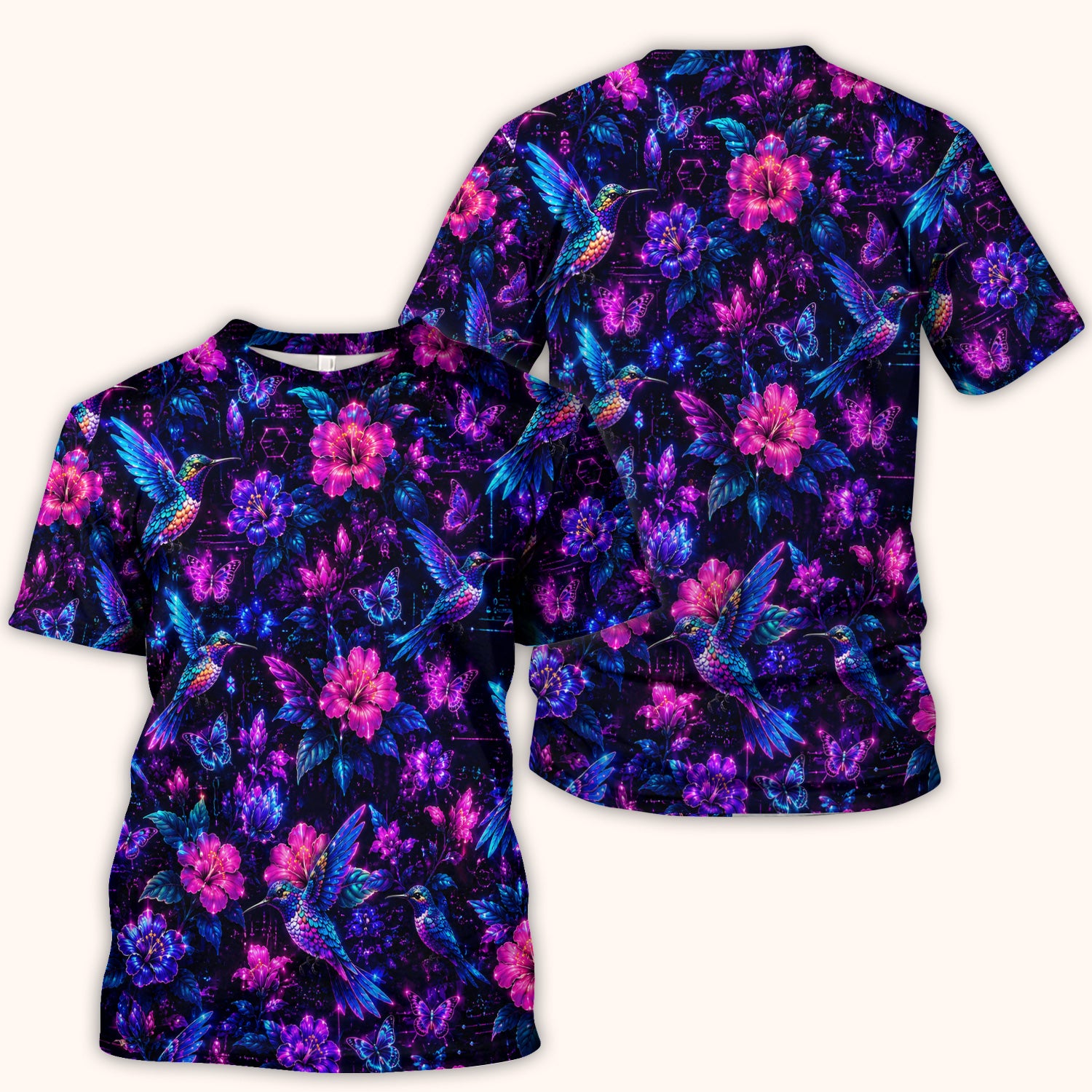 Neon Hummingbird Butterfly Bloom Pattern Scrub Top, Comfortable Scrubs for Nurses
