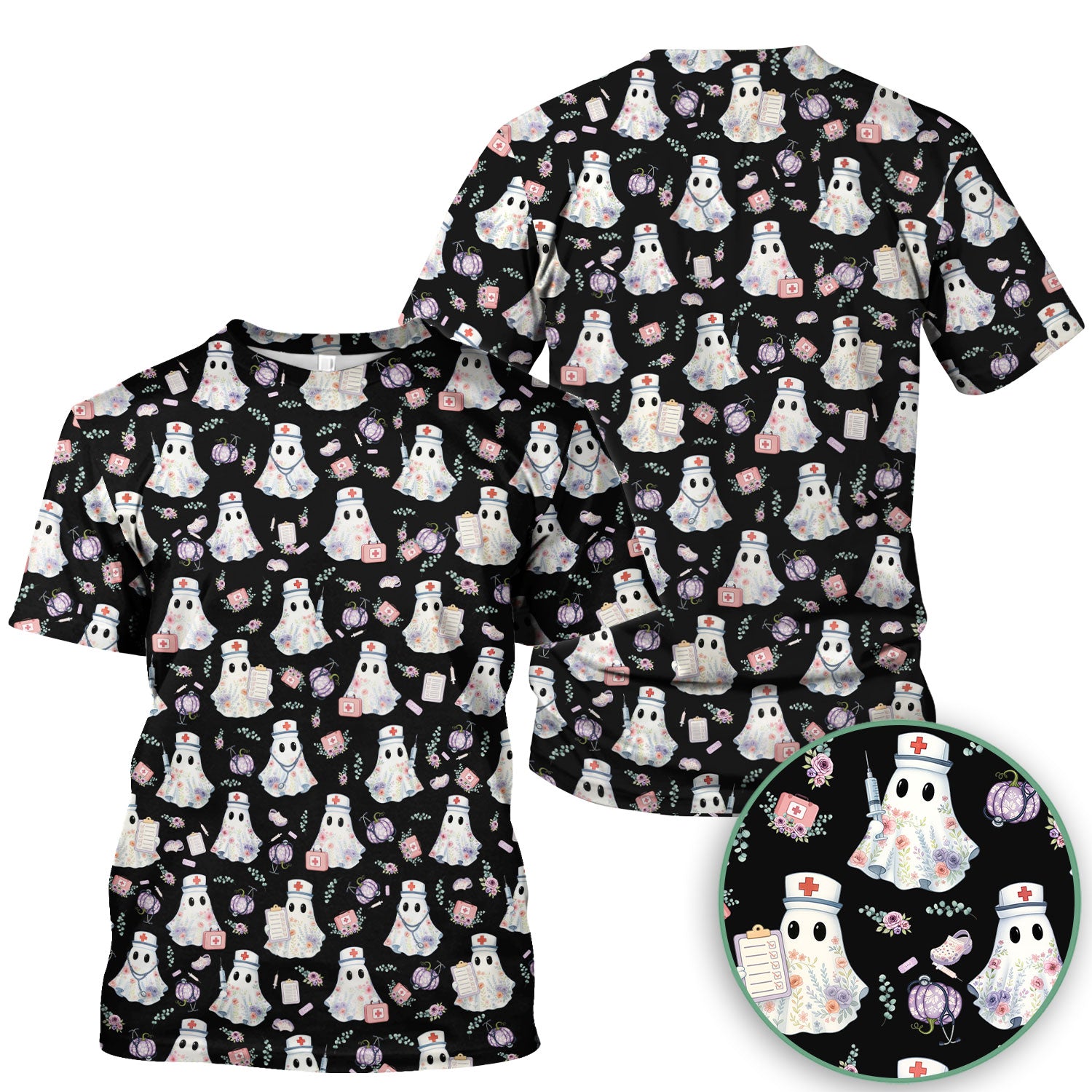 Ghost Nurse Medical Uniform - Cute Boo Halloween Pumpkin Scrub Top for Women - Gift for CRNA ICU Nurses