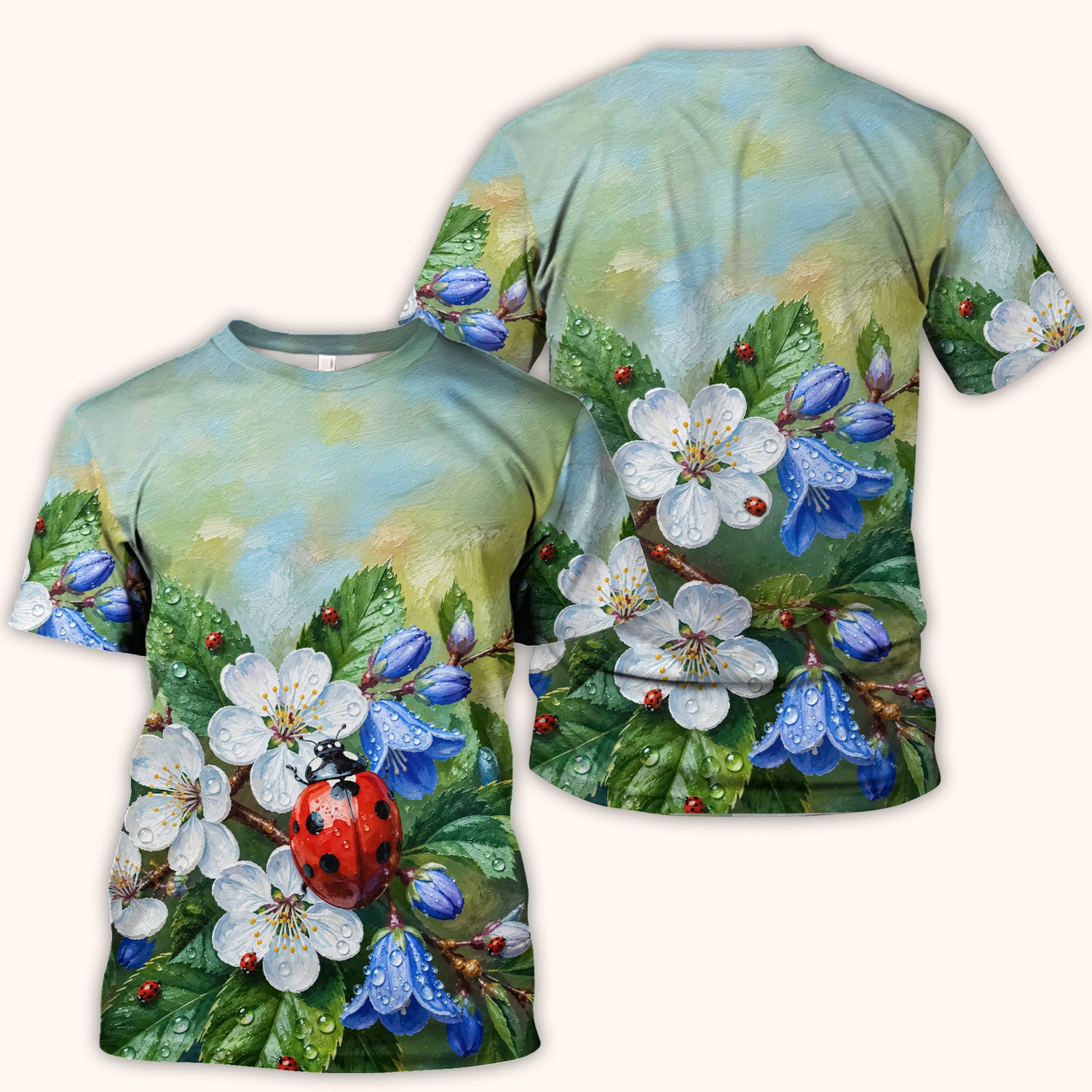 Cute Ladybug Blossom Garden Pattern Scrub Top, Comfortable Scrubs for Nurses