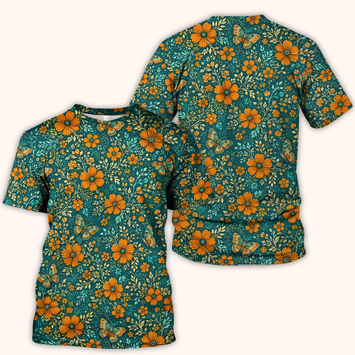 Orange Floral Butterfly Vine Pattern Scrub Top, Comfortable Scrubs for Nurses