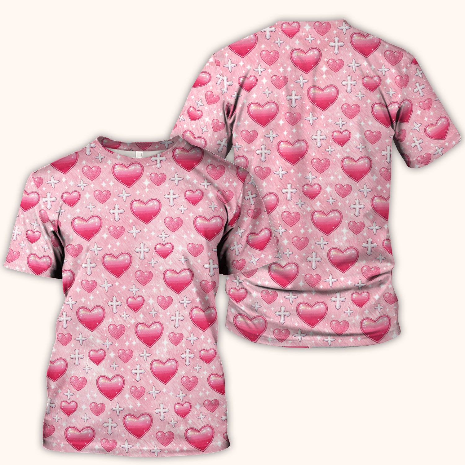 Pink Heart & Cross Pattern Scrub Top, Comfortable Scrubs for Nurses Uniform, Valentine's Day gift
