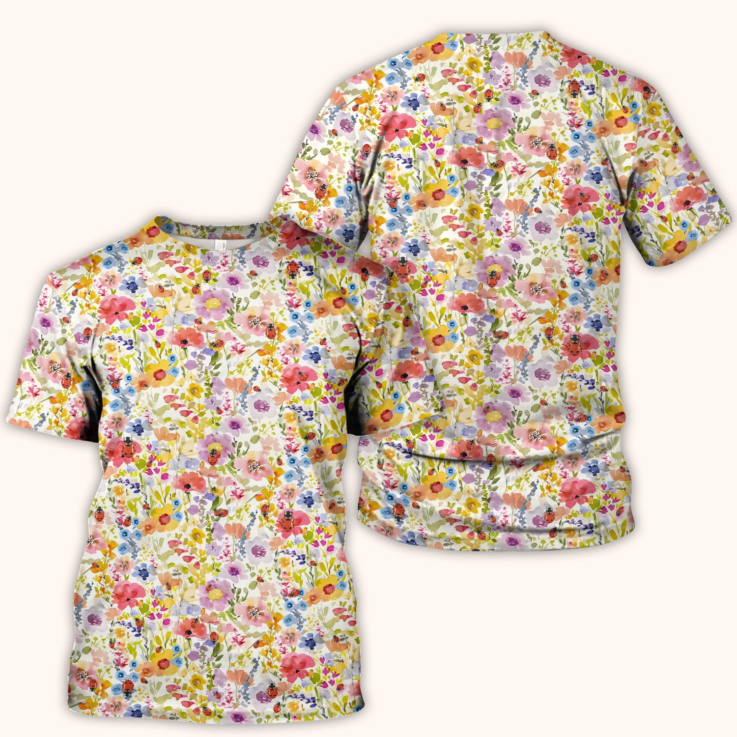 Cute Wildflower Ladybug Garden Pattern Scrub Top, Comfortable Scrubs for Nurses