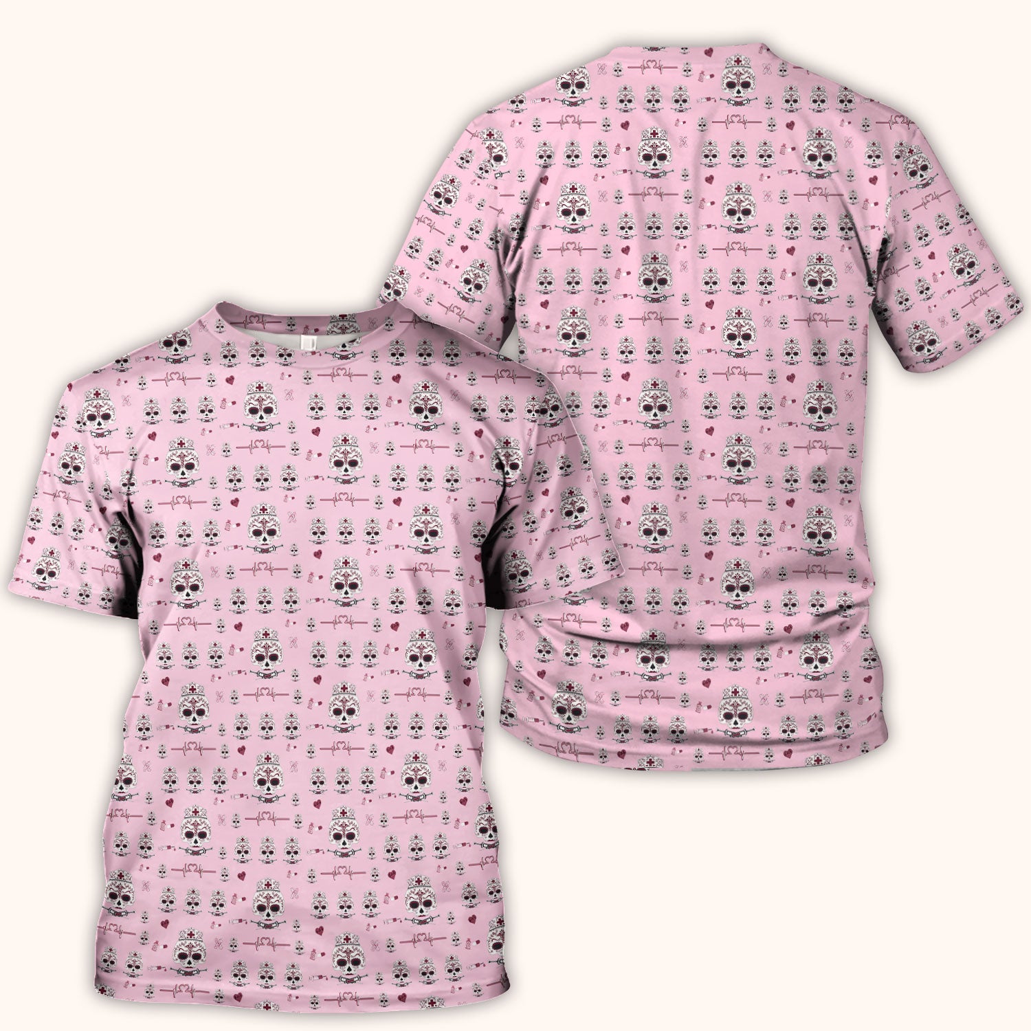 Sugar Skull Scrub Top, Skull Pattern Scrub Shirt, Breathable Fabrics Nursing Uniform