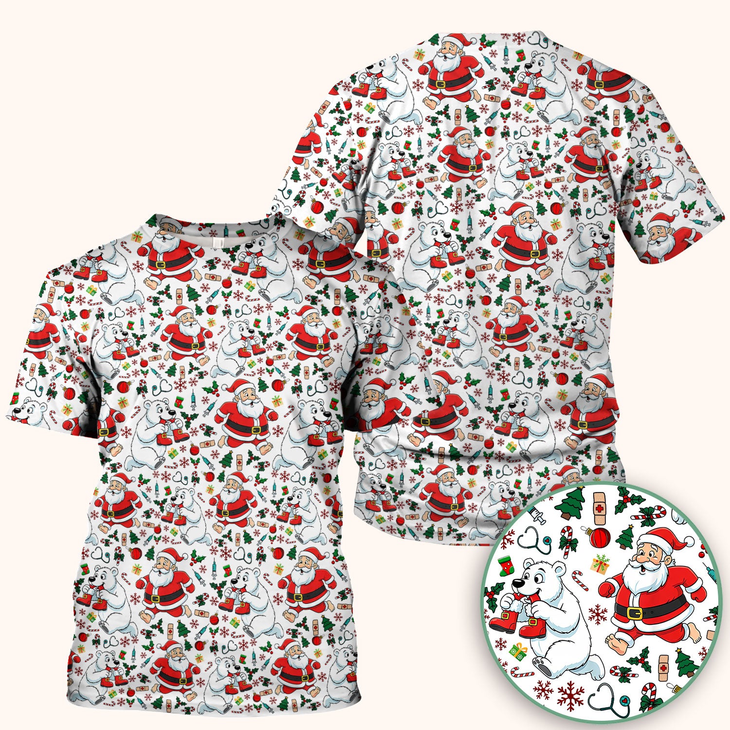 Christmas Santa & Polar Bear Scrub Top - Funny Holiday Nurse Shirt for Women - Cute Winter Medical Uniform