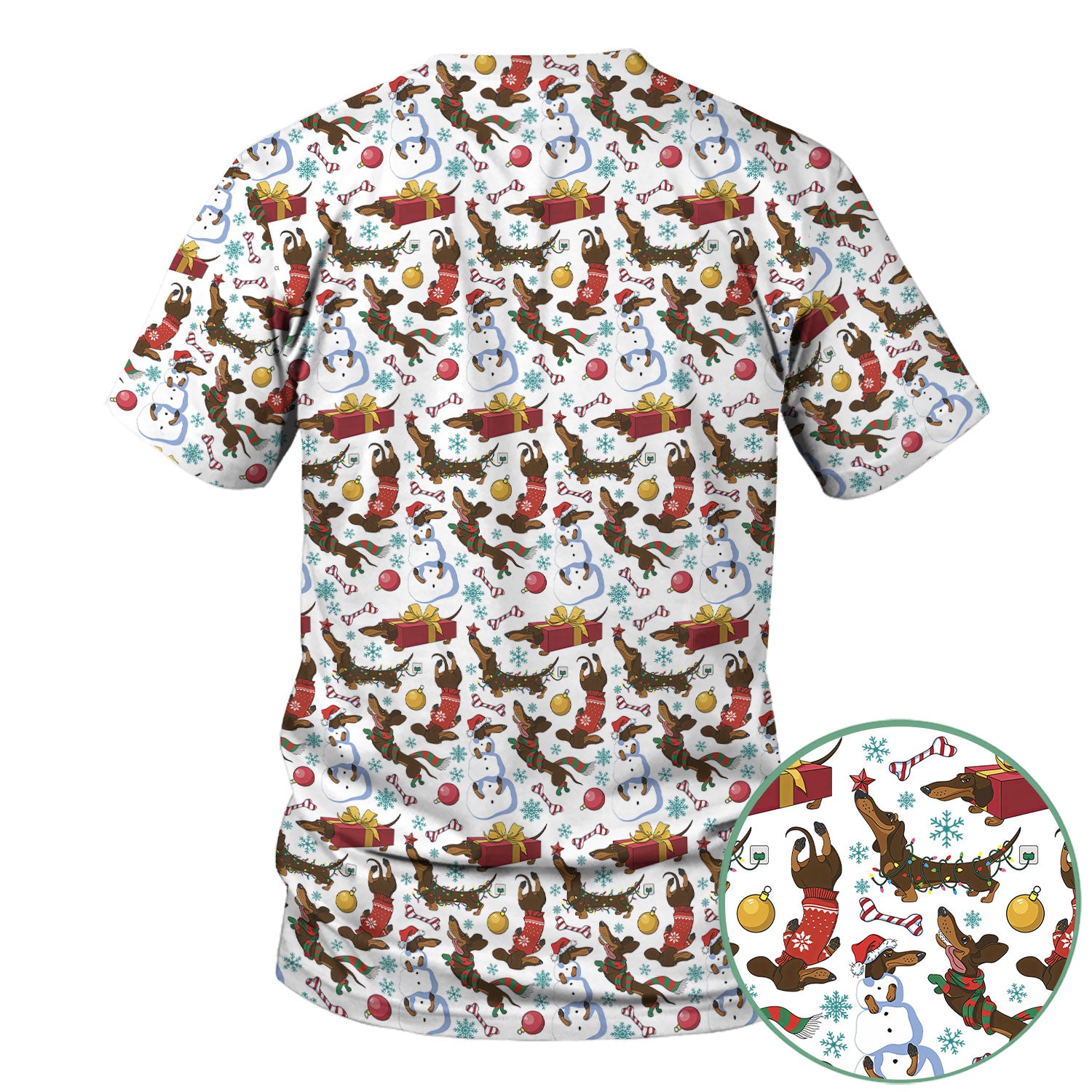 Funny Christmas Nurse Scrubs - Dachshund Dog & Snowman Print Top - Multi Color Custom Nursing Shirt Gift for Healthcare Workers