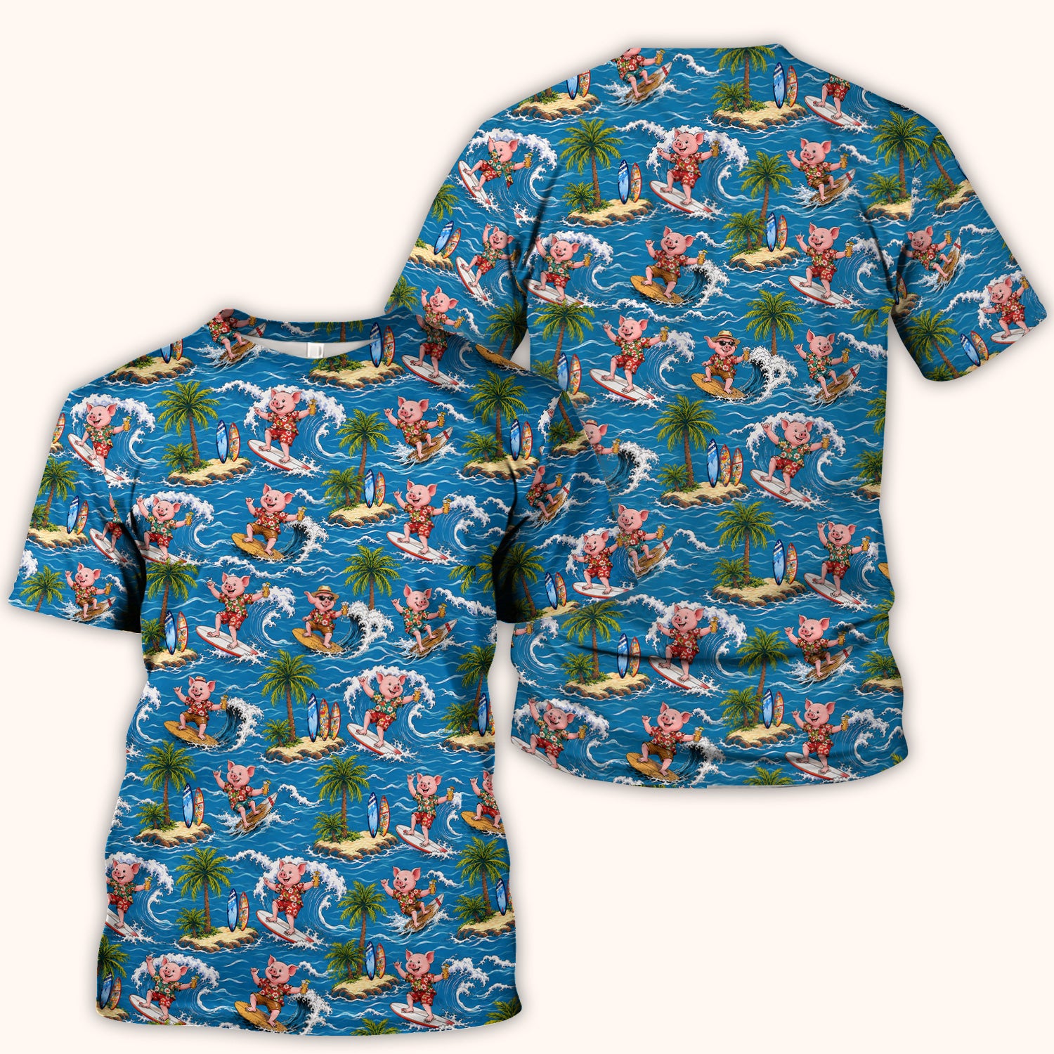 Tropical Surfing Pig Island Pattern Scrub Top, Comfortable Scrubs for Nurses