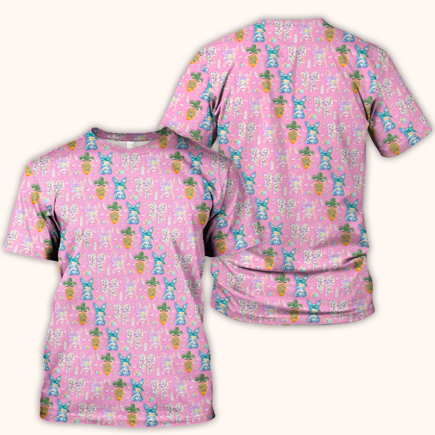 Easter Bunny Carrot Bow Floral Print Scrub Top, Comfortable Scrubs for Nurses