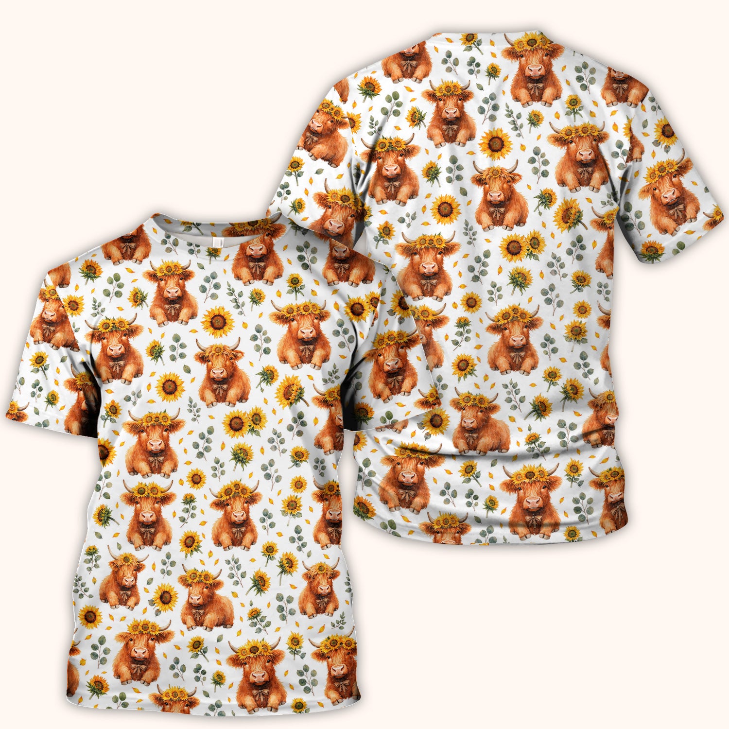 Rustic Highland Cow Floral Pattern Scrub Top, Comfortable Scrubs for Nurses