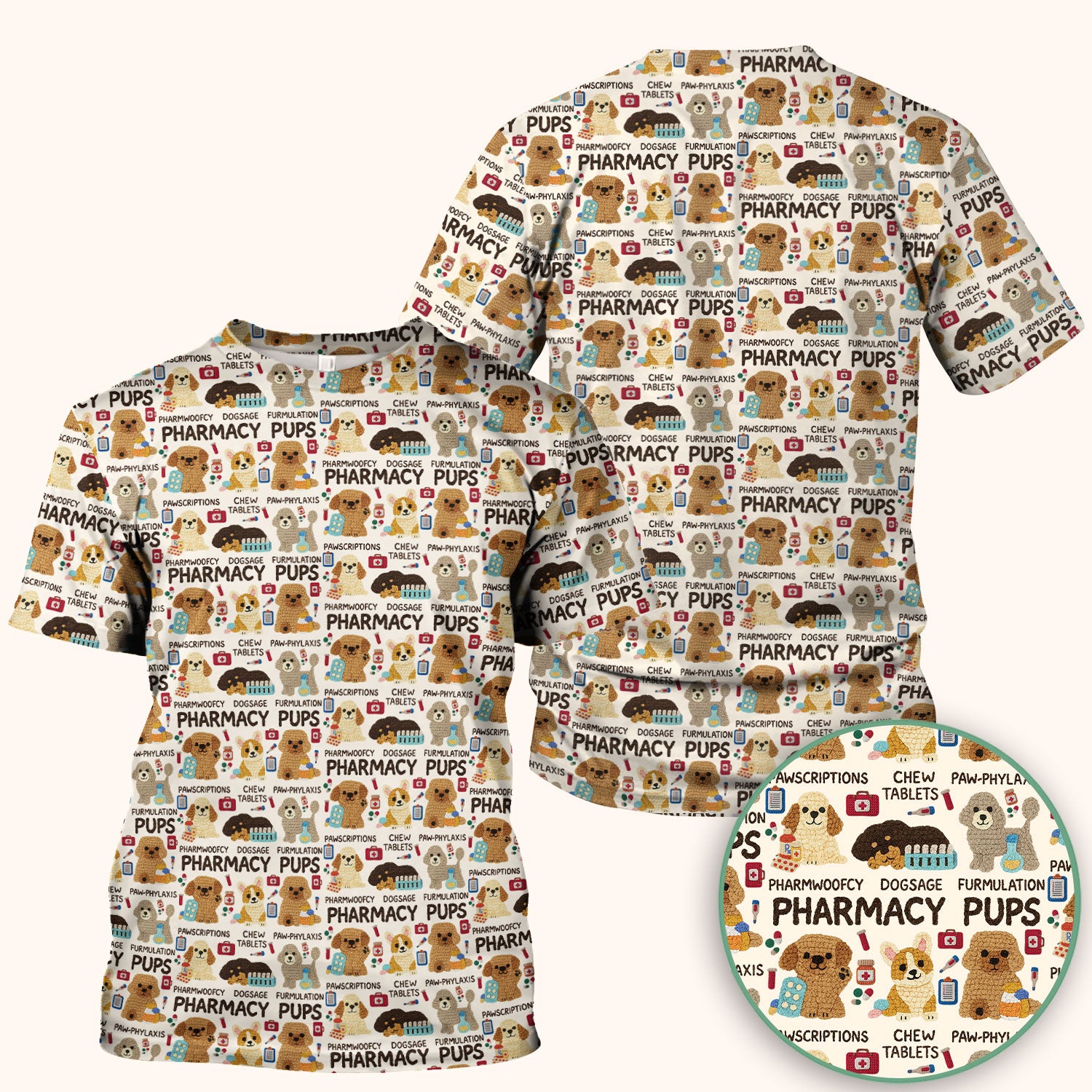 Pharmacy Pups Scrub Top for Women - Cute Dog Pattern Medical Shirt for Pharmacists & Vet Techs - Fun Blue Pharmacy Nurse Uniform