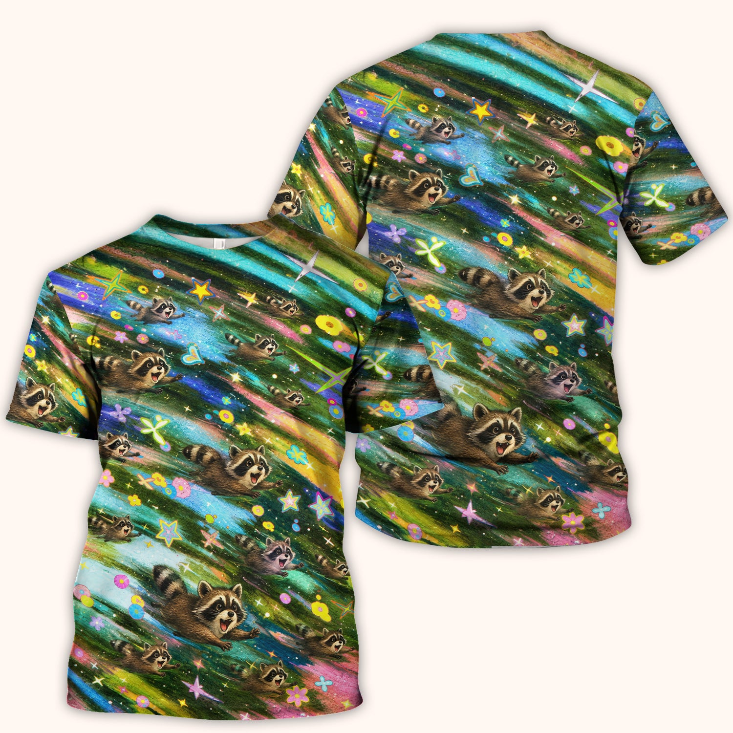 Cute Raccoon Rainbow Dash Pattern Scrub Top, Comfortable Scrubs for Nurses