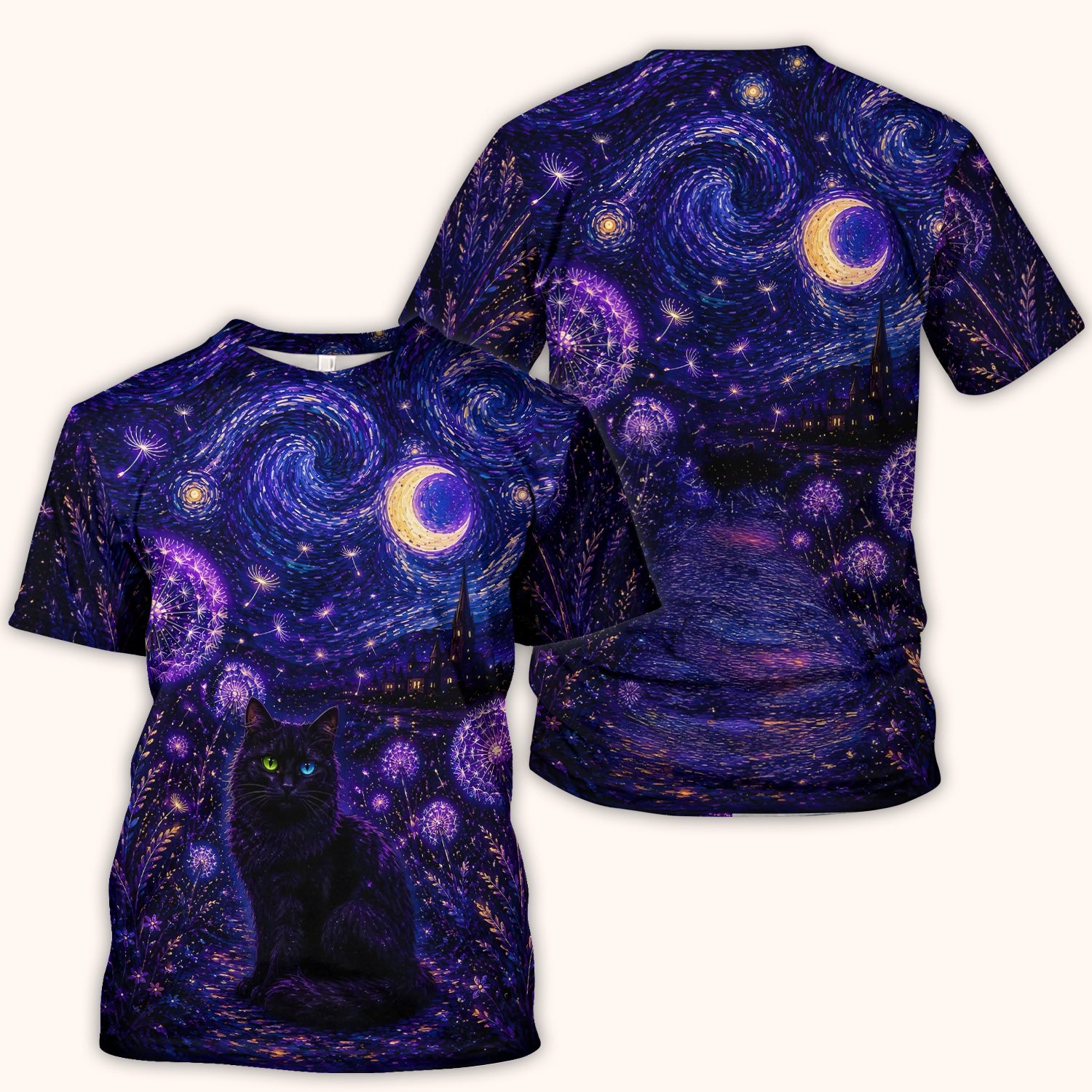 Mystical Black Cat Starry Night Print Scrub Top, Comfortable Scrubs for Nurses