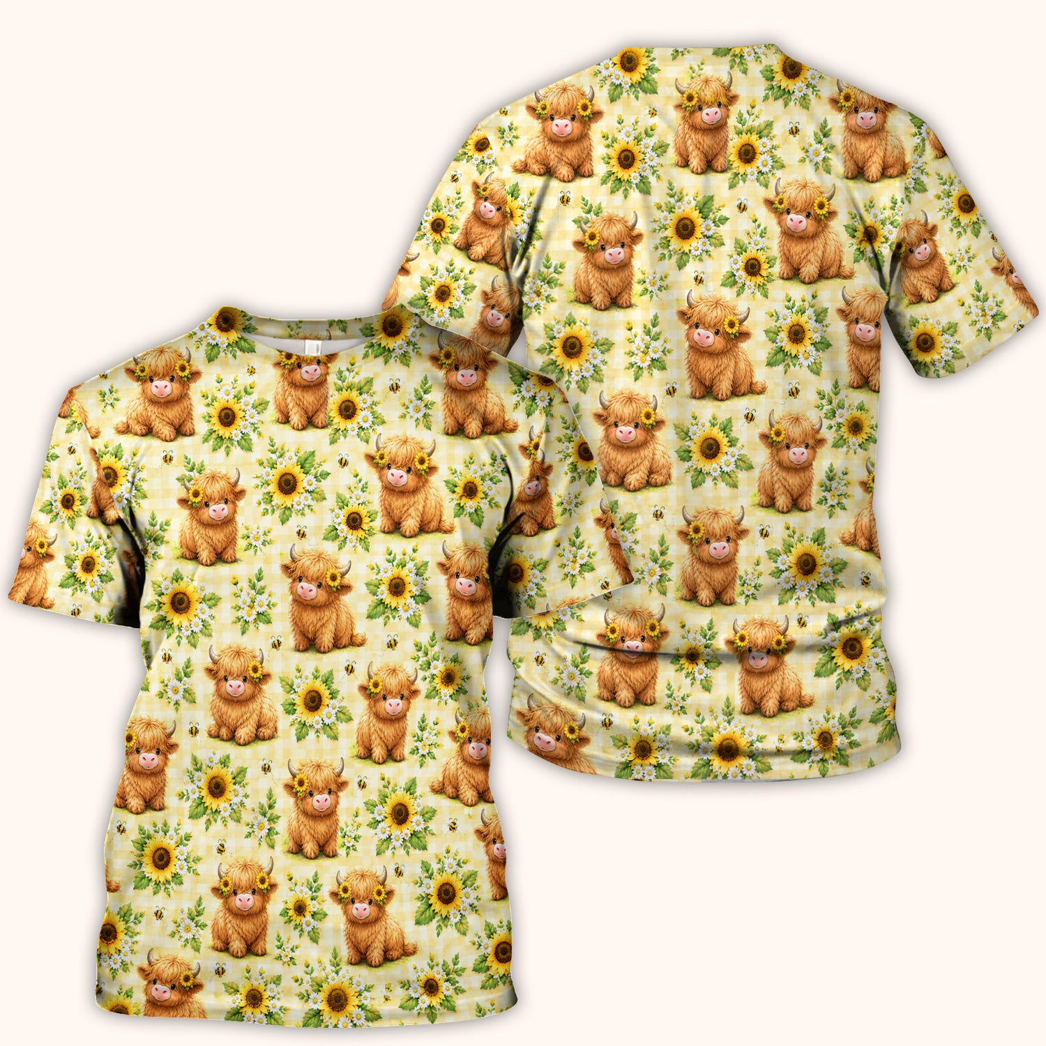 Sunflower Highland Cow And Bee Pattern Scrub Top, Comfortable Scrubs for Nurses