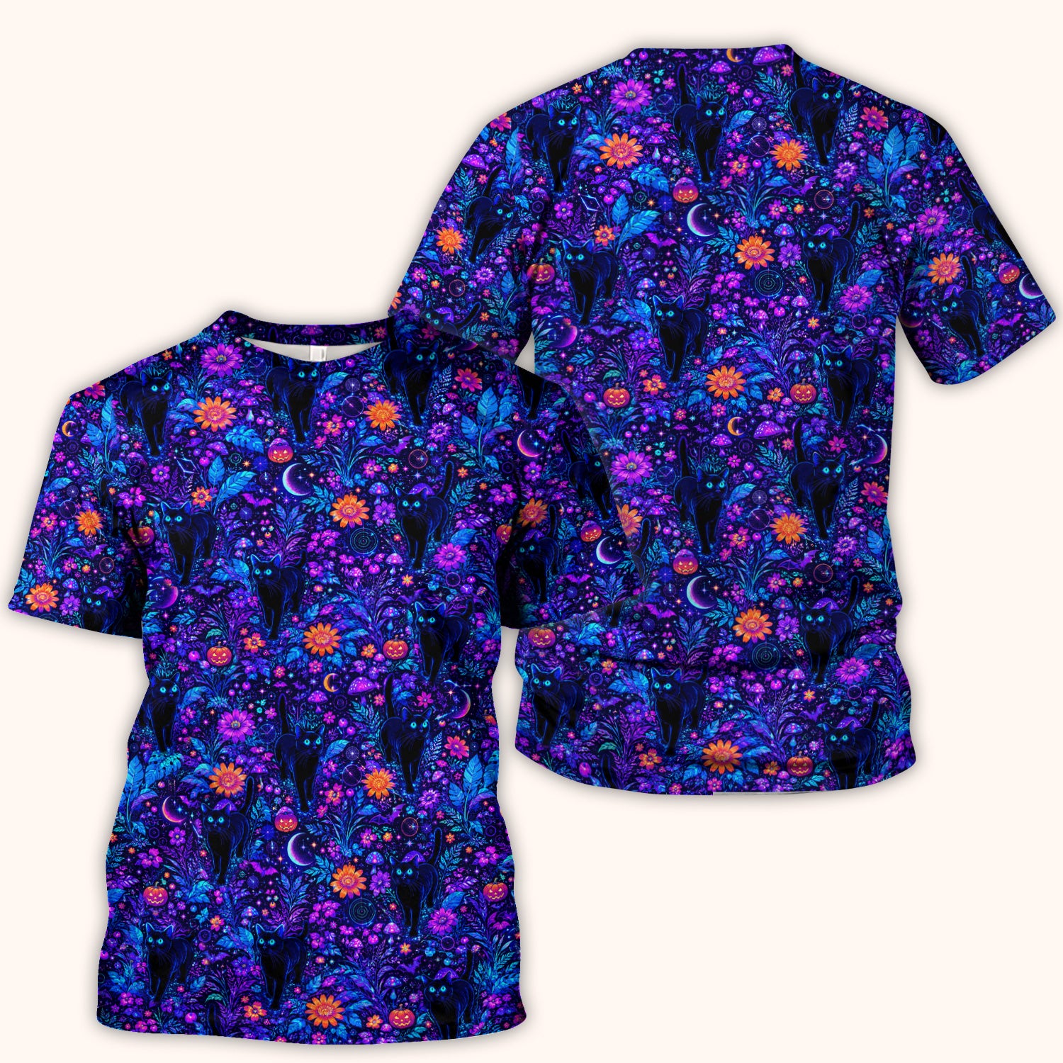 Halloween Black Cat Floral Print Scrub Top, Comfortable Scrubs for Nurses