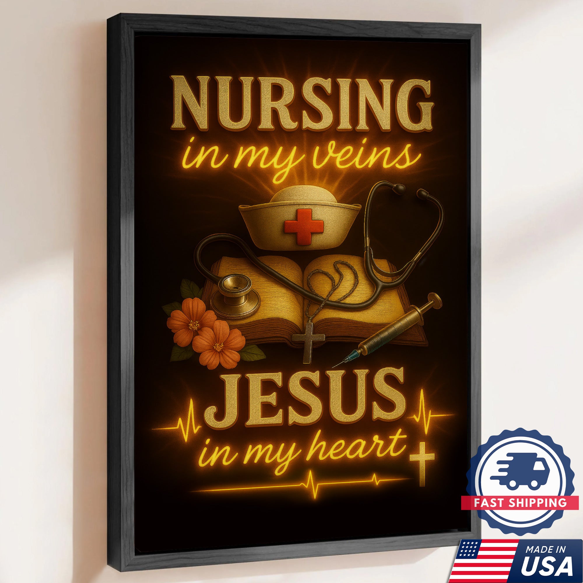 Christian Nurse Wall Art Canvas, Nursing in My Veins Jesus in My Heart, Gift for RN CNA LPN Women