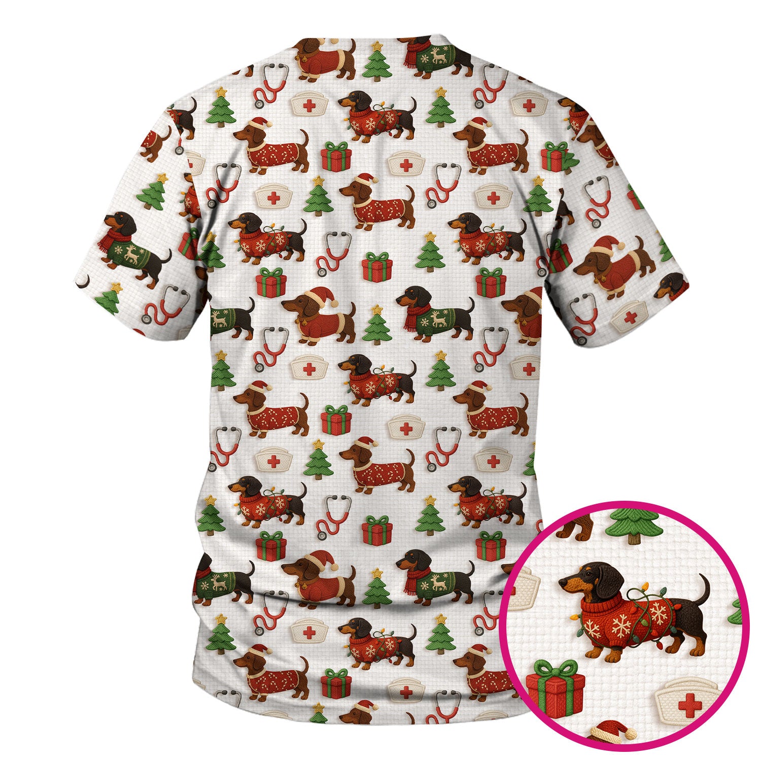 Custom Nurse Scrubs for Women - Dachshund Dog Christmas Print with Gifts & Holiday Tree - Multi Color Nursing Shirt Gift Idea
