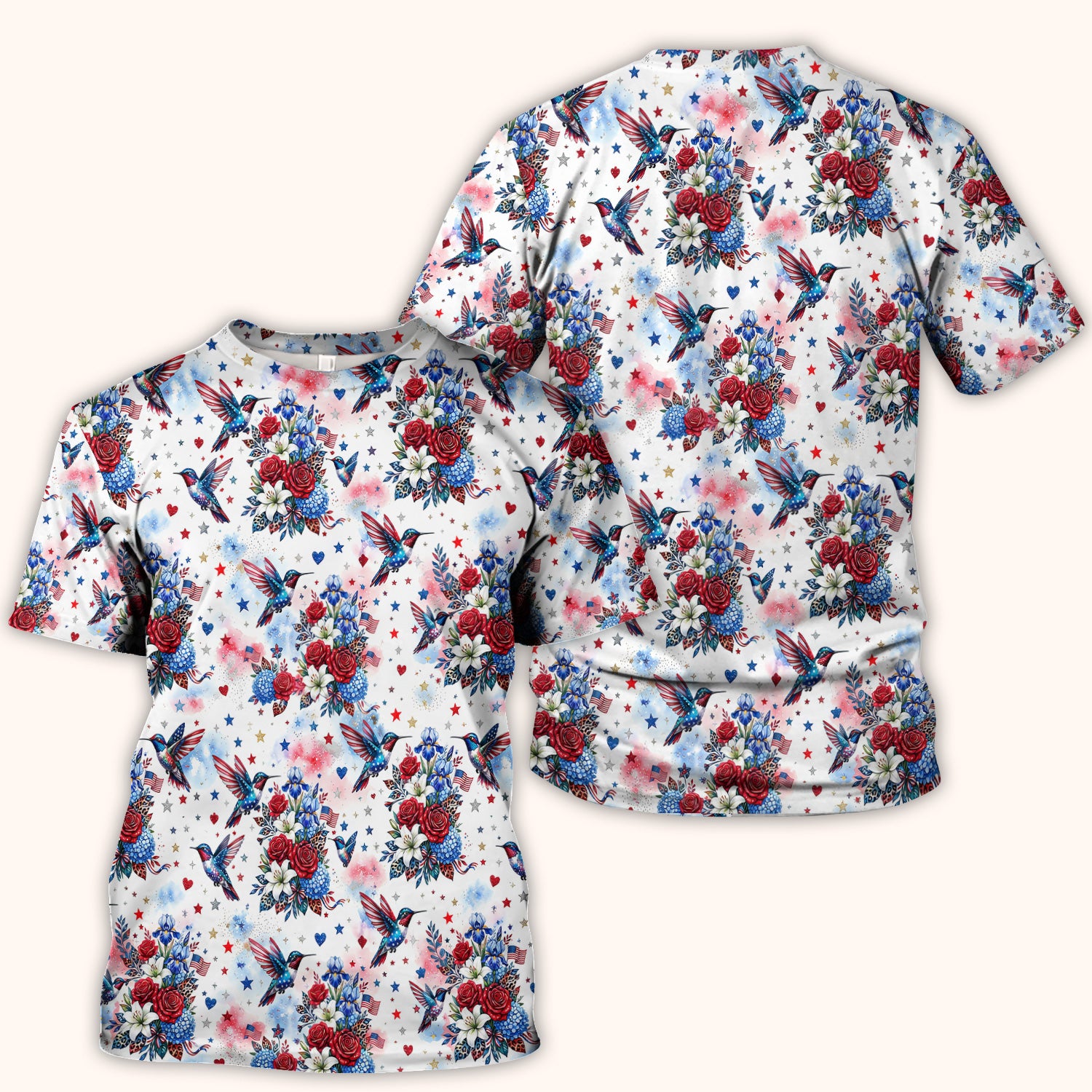 Patriotic Hummingbird Floral Bouquet Pattern Scrub Top, Comfortable Scrubs for Nurses