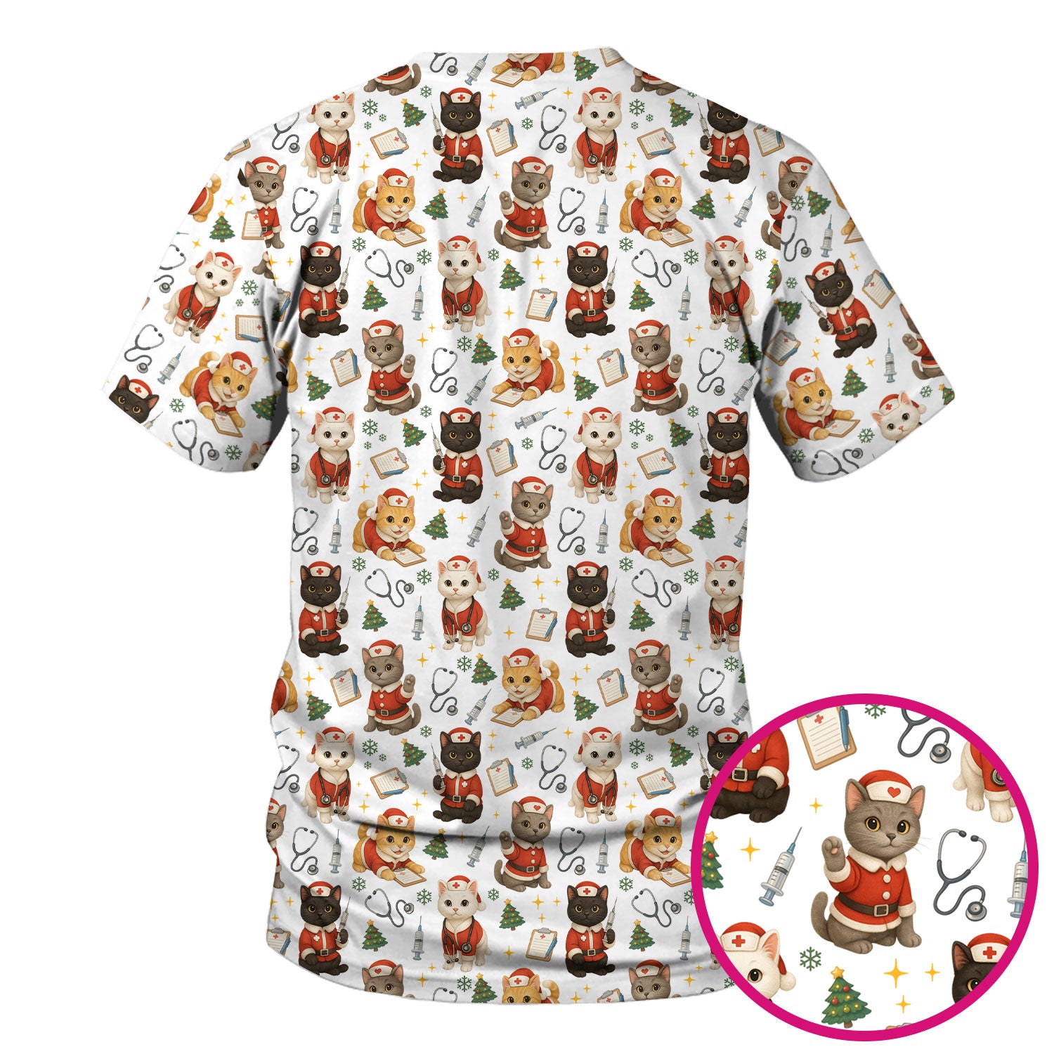 Funny Nurse Scrub Top for Women - Christmas Lucky Cat Design - Cute Holiday Nursing Shirt Gift for RN LPN CNA