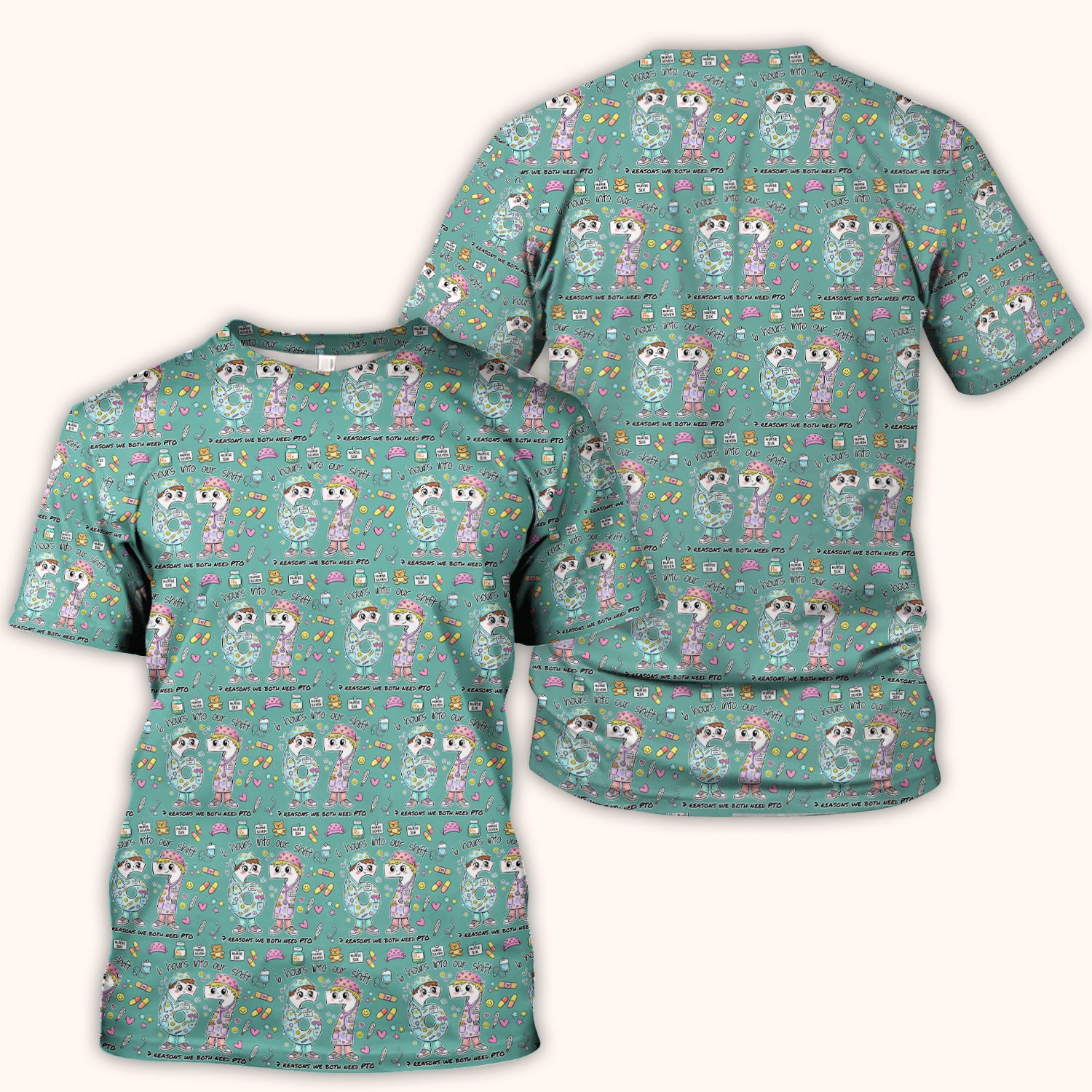 Cartoon Characters Six Hours Into Shift With Medical Doodle Scrub Top, Breathable Fabrics Nursing Uniform