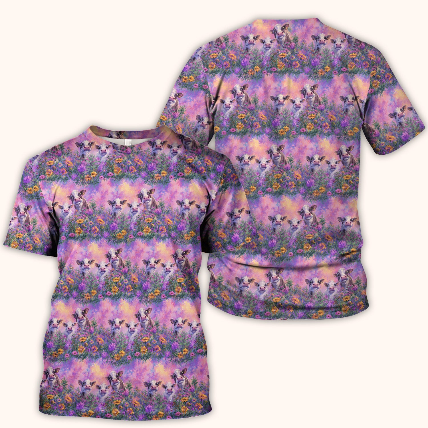 Pastel Cow Meadow Flower Pattern Scrub Top, Comfortable Scrubs for Nurses