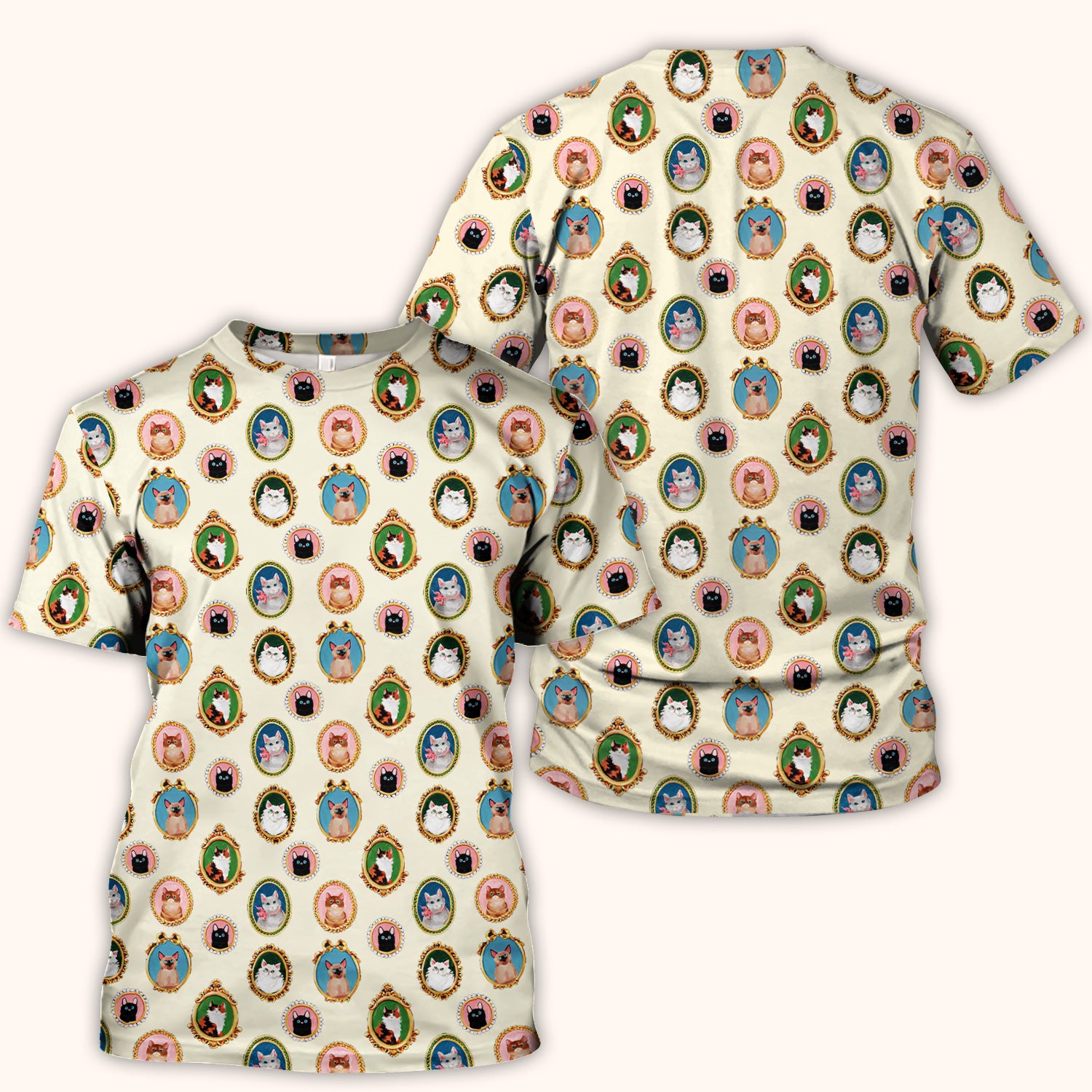 Vintage Cat Portrait Pattern Scrub Top, Breathable Medical Uniform Top