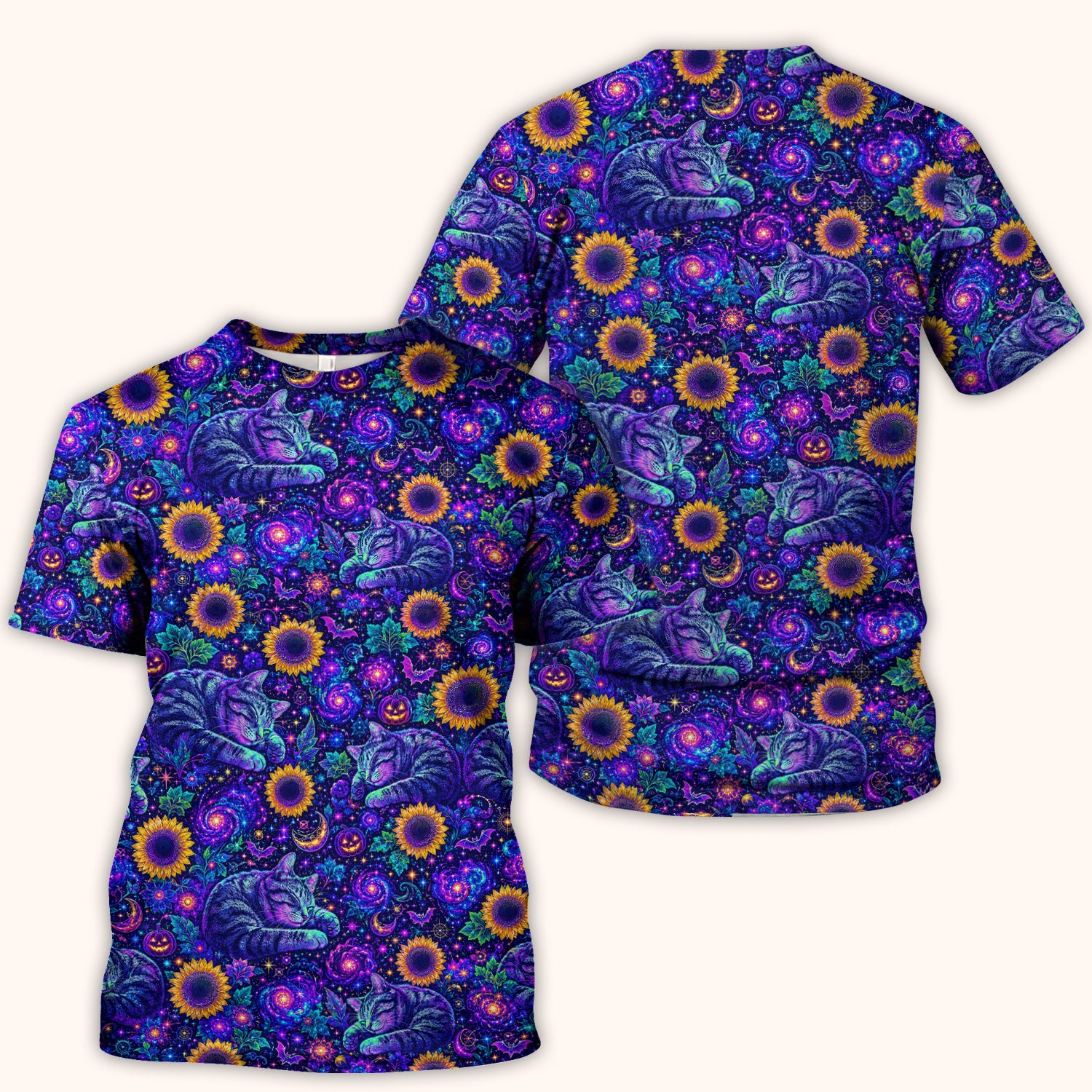Spooky Galaxy Cat And Sunflowers Scrub Top, Comfortable Scrubs for Nurses