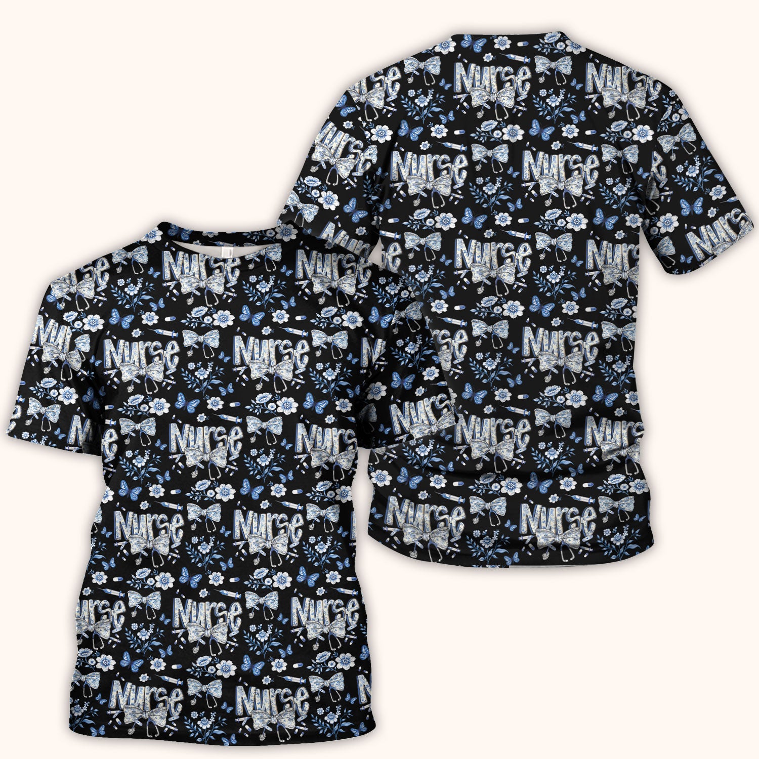 Blue Nurse Letter Bow Butterfly Floral Print Scrub Top, Comfortable Scrubs for Nurses