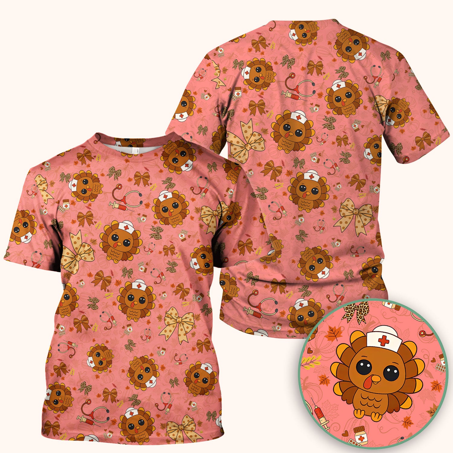 Thanksgiving Turkey Nurse Scrub Top for Women - Cute Fall Leaves and Bow Shirt - Autumn Medical Shirt Gift for RN CNA LPN Doctor