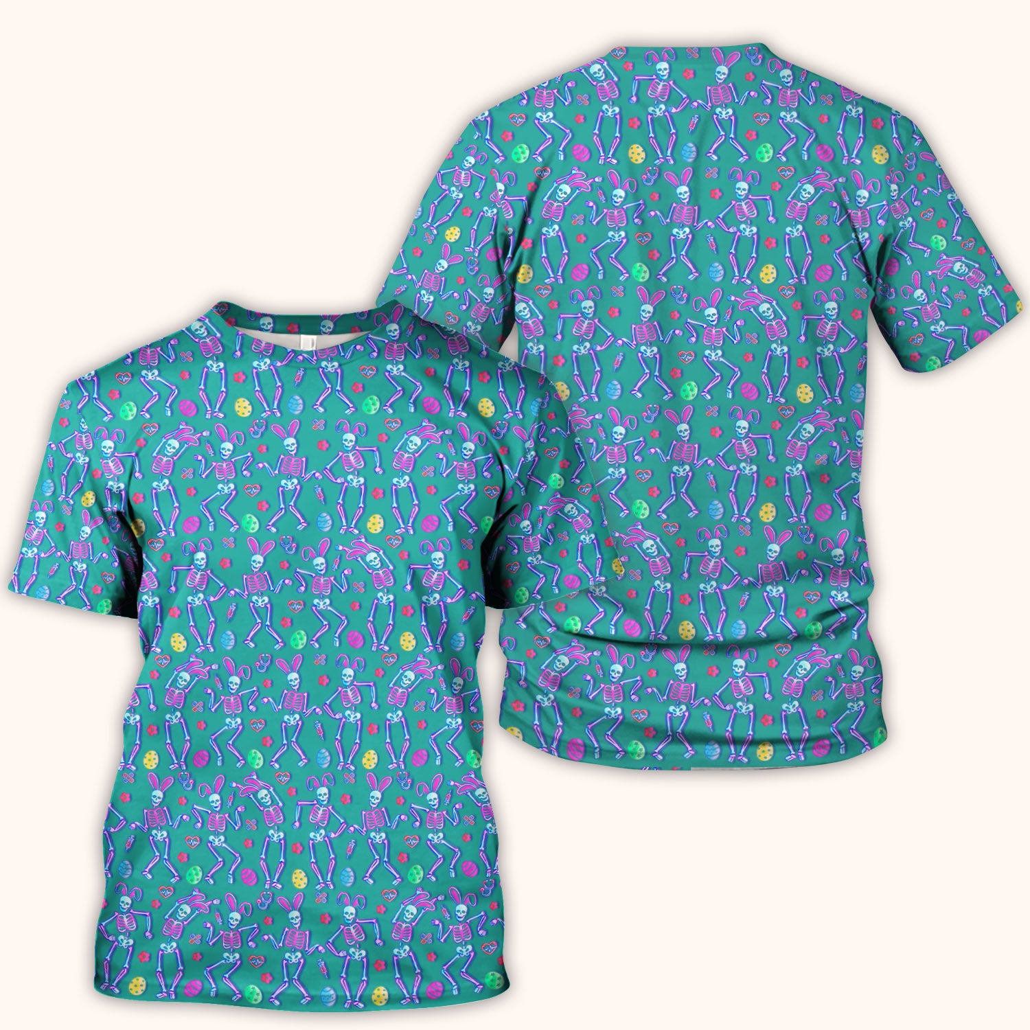 Neon Easter Skeleton Pattern Scrub Top, Comfortable Scrubs for Nurses
