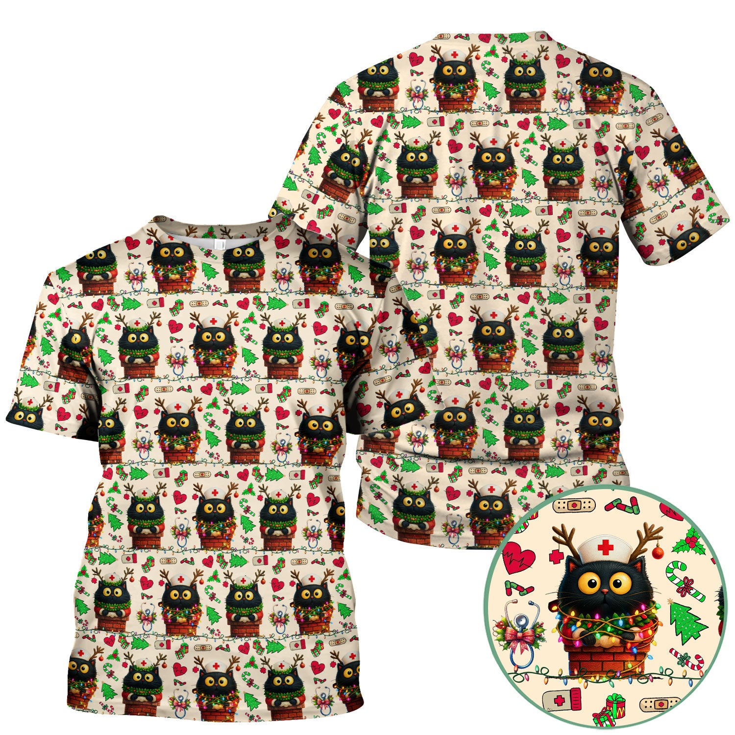 Funny Black Cat Scrub Top for Nurse - Cute Reindeer Cat with Christmas Lights Shirt - Festive Holiday Medical Gift for RN CNA LPN
