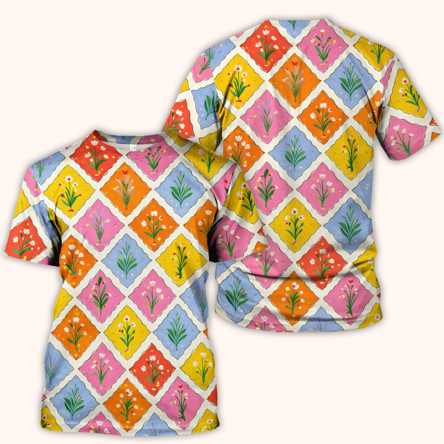 Cute Colorful Floral Tile Pattern Scrub Top, Breathable Fabrics Nursing Uniform