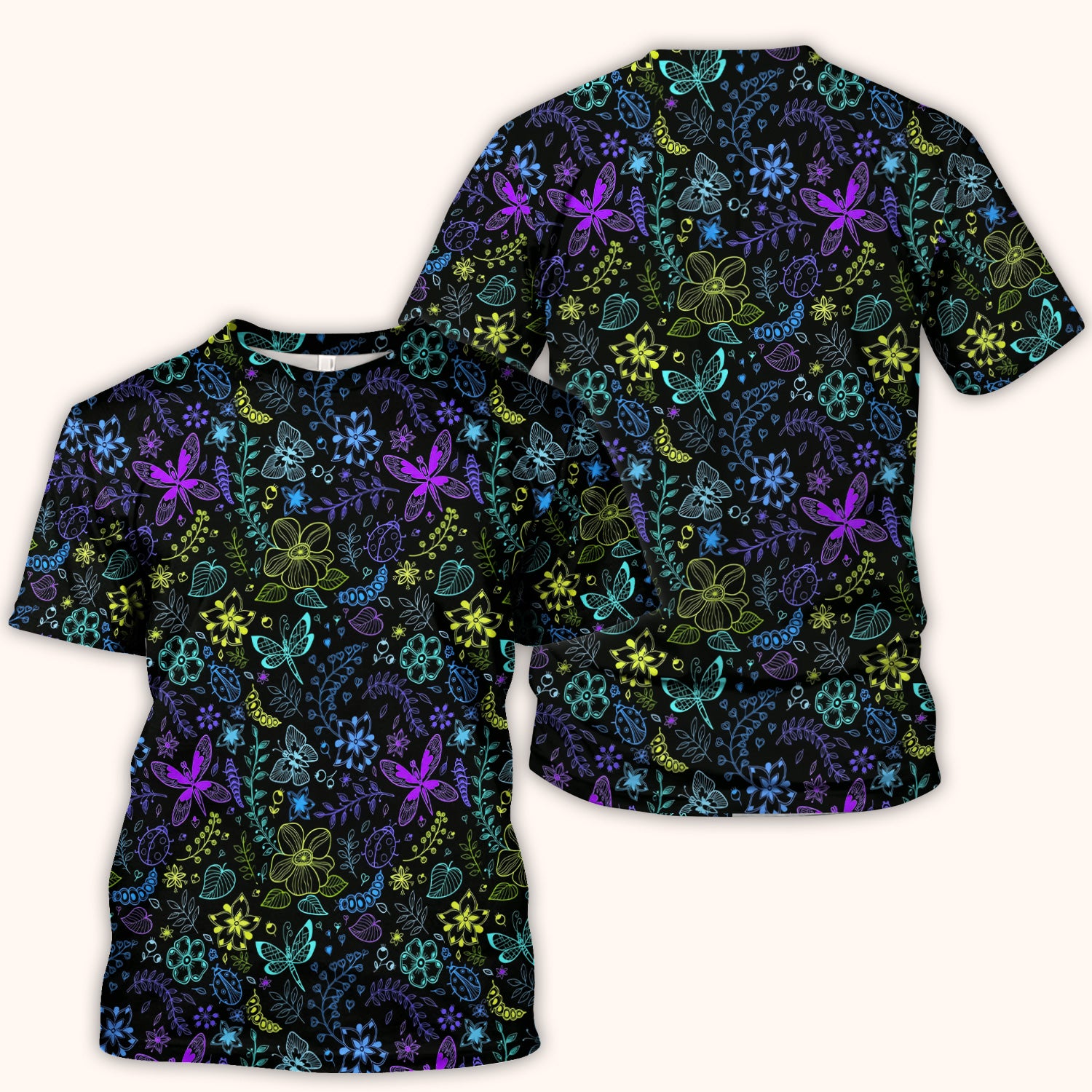 Neon Butterfly and Floral Garden Pattern Scrub Top, Comfortable Scrubs for Nurses