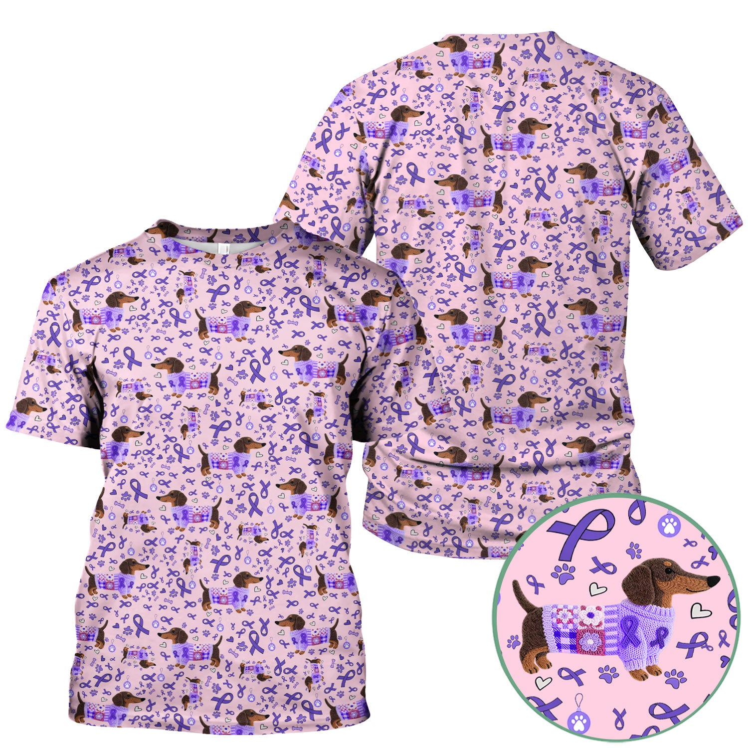 Purple Ribbon Dachshund Scrub Top for Nurses - Cute Awareness Dog Paw Prints - Support Lupus Cancer Med Uniform Gift for Women