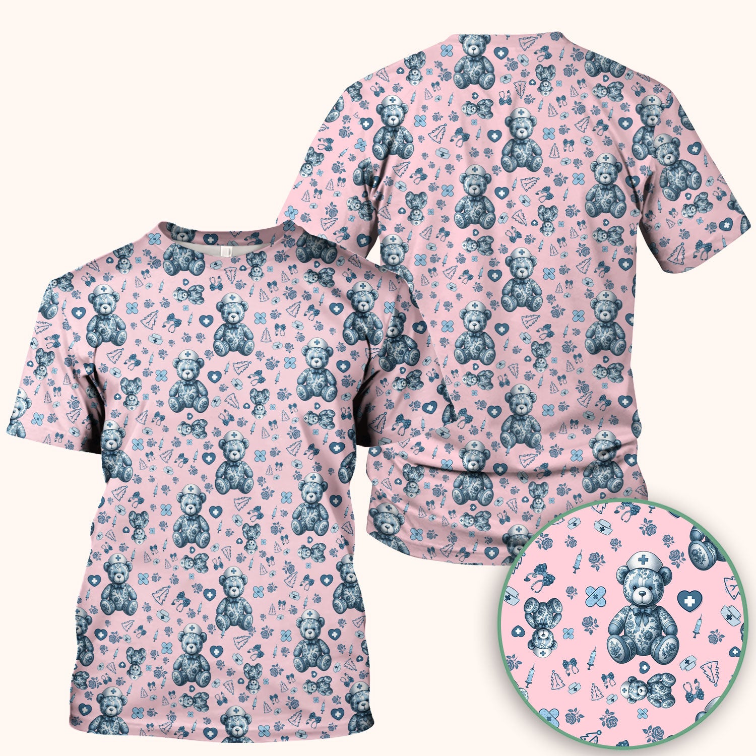 Toile Teddy Bear Nurse Scrub Top - Elegant Blue Toile de Jouy Pattern Medical Shirt for Women - Cute Vintage Nursing Uniform Gift