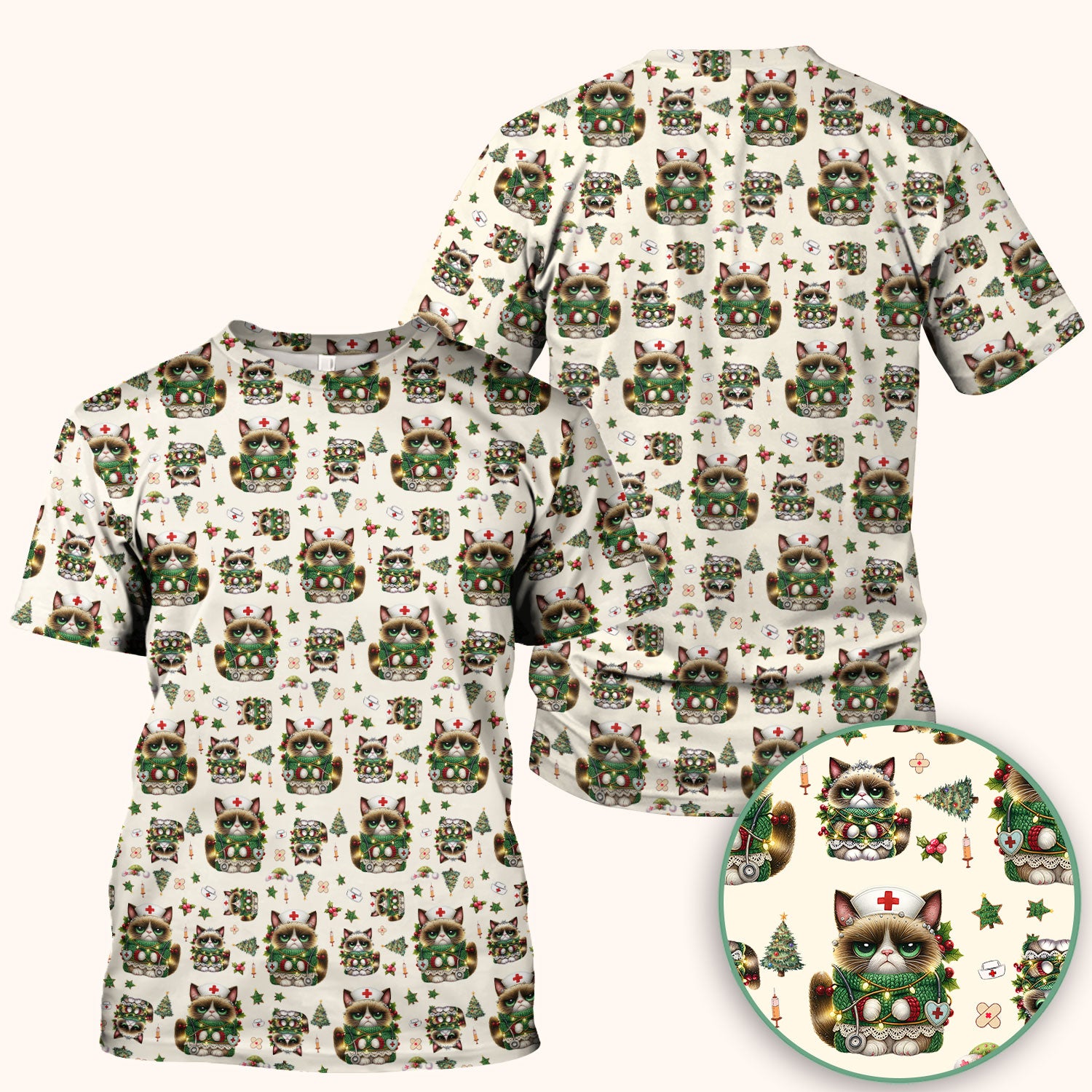 Christmas Nurse Scrub Top - Funny Cat Nursing Shirt - Cute Holiday Medical Uniform for Women RN LPN CNA