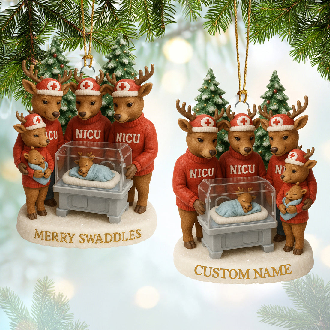 Personalized NICU Christmas Ornament – Custom Name Reindeer Nurse & Baby Deer Incubator Decoration – Cute Neonatal Holiday Gift for Healthcare Workers