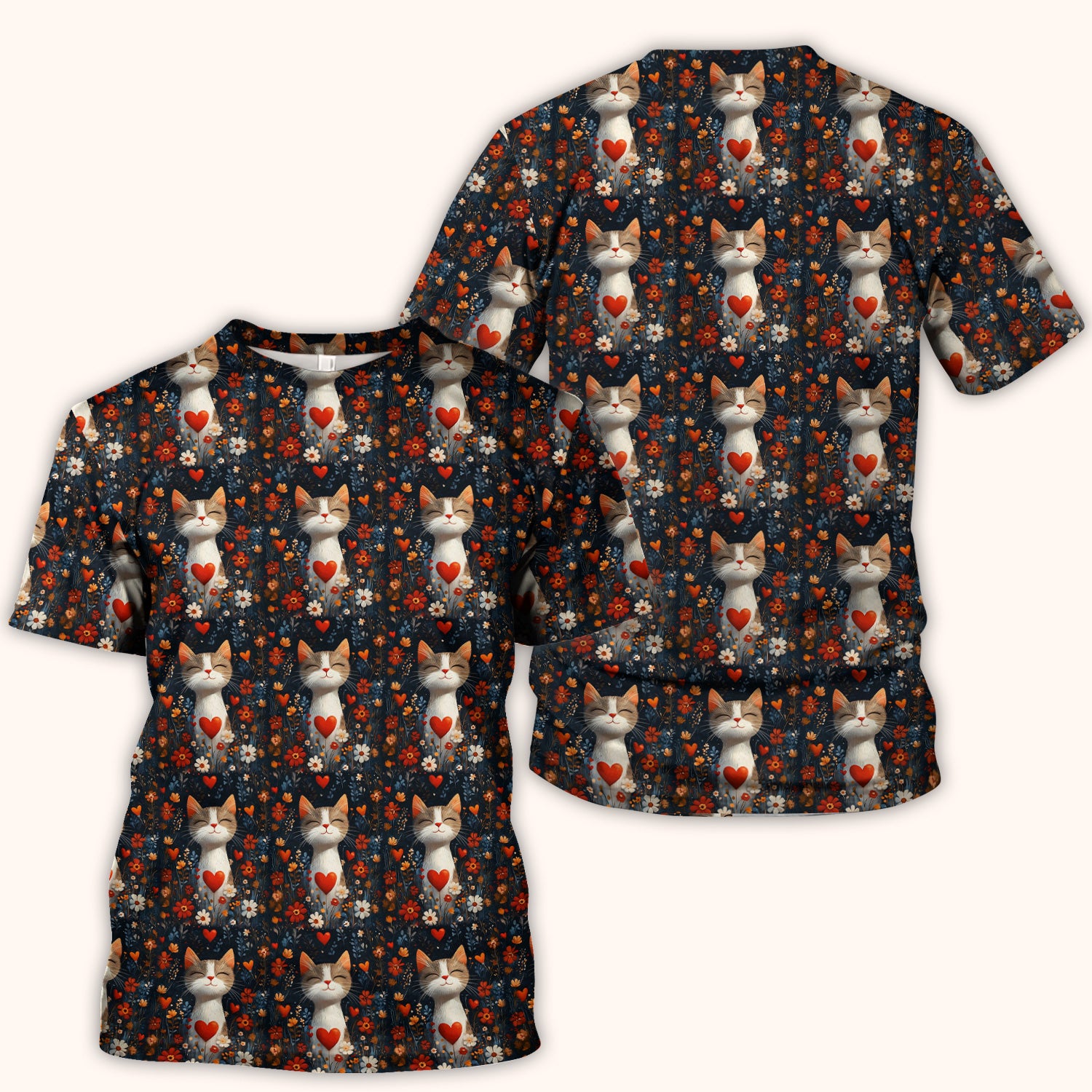 Cat Heart Floral Garden Pattern Scrub Top, Breathable Fabrics Nursing Uniform