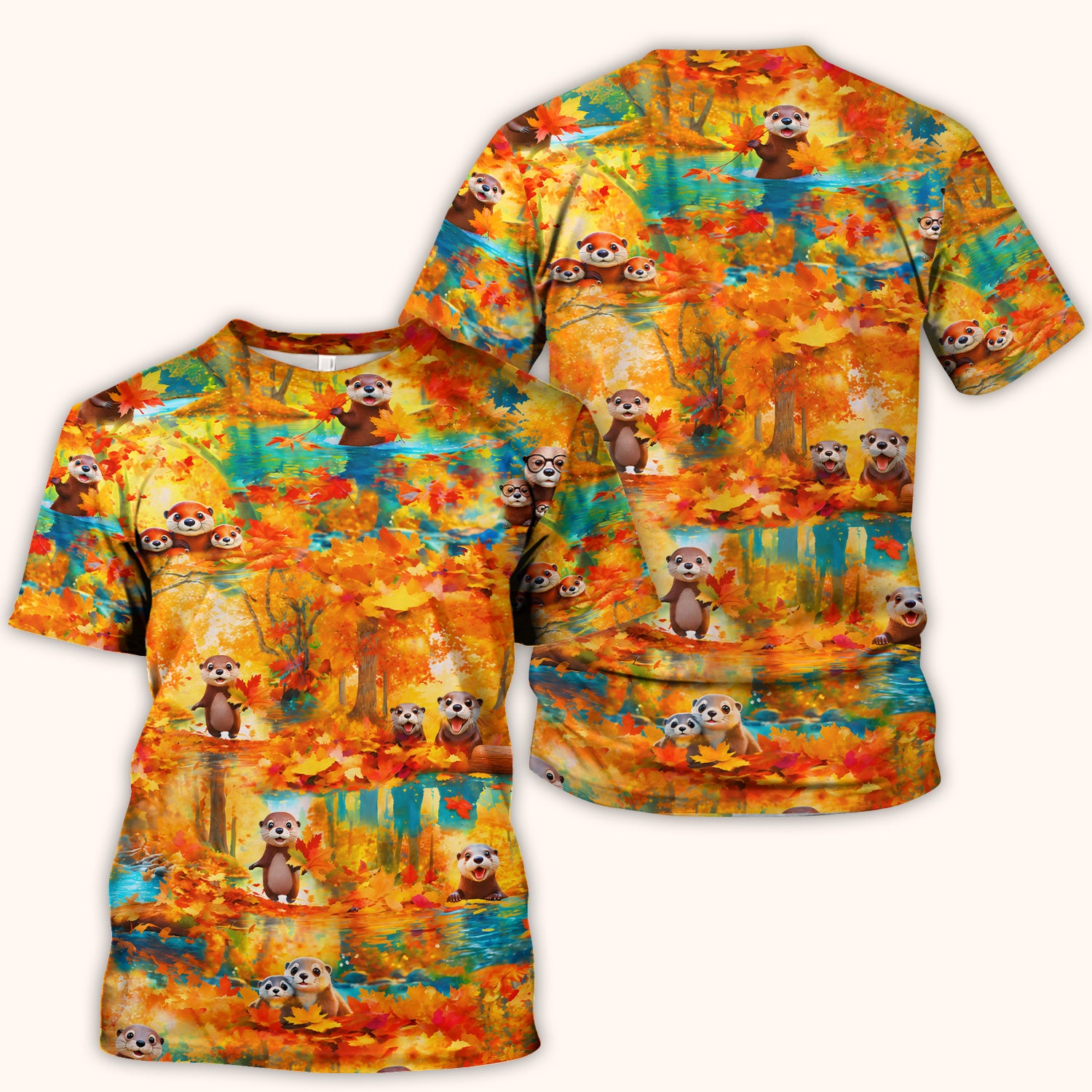 Cute Autumn Otter Leaf Forest Pattern Scrub Top, Comfortable Scrubs for Nurses