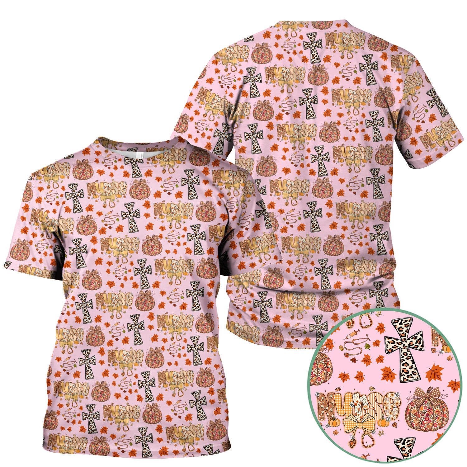 I Will Praise Him In Every Season - Boho Pumpkin Leopard Cross Fall Scrub Top for Nurse - Thanksgiving Med Uniform for Women
