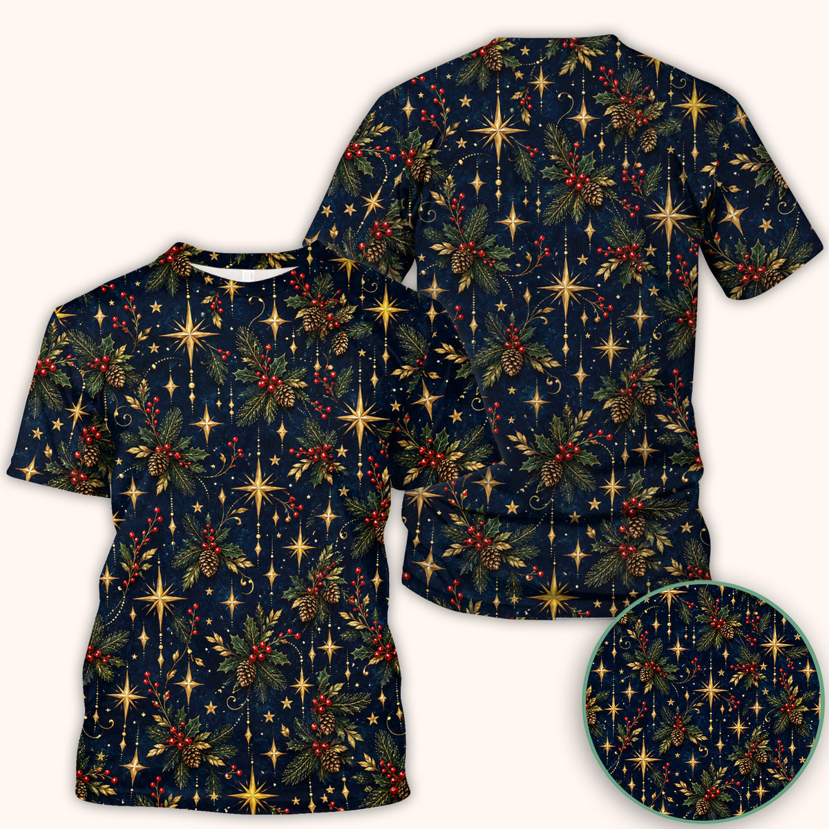 Elegant Christmas Gold Stars and Pinecones Pattern Scrub Top, Comfortable Scrubs for Nurses
