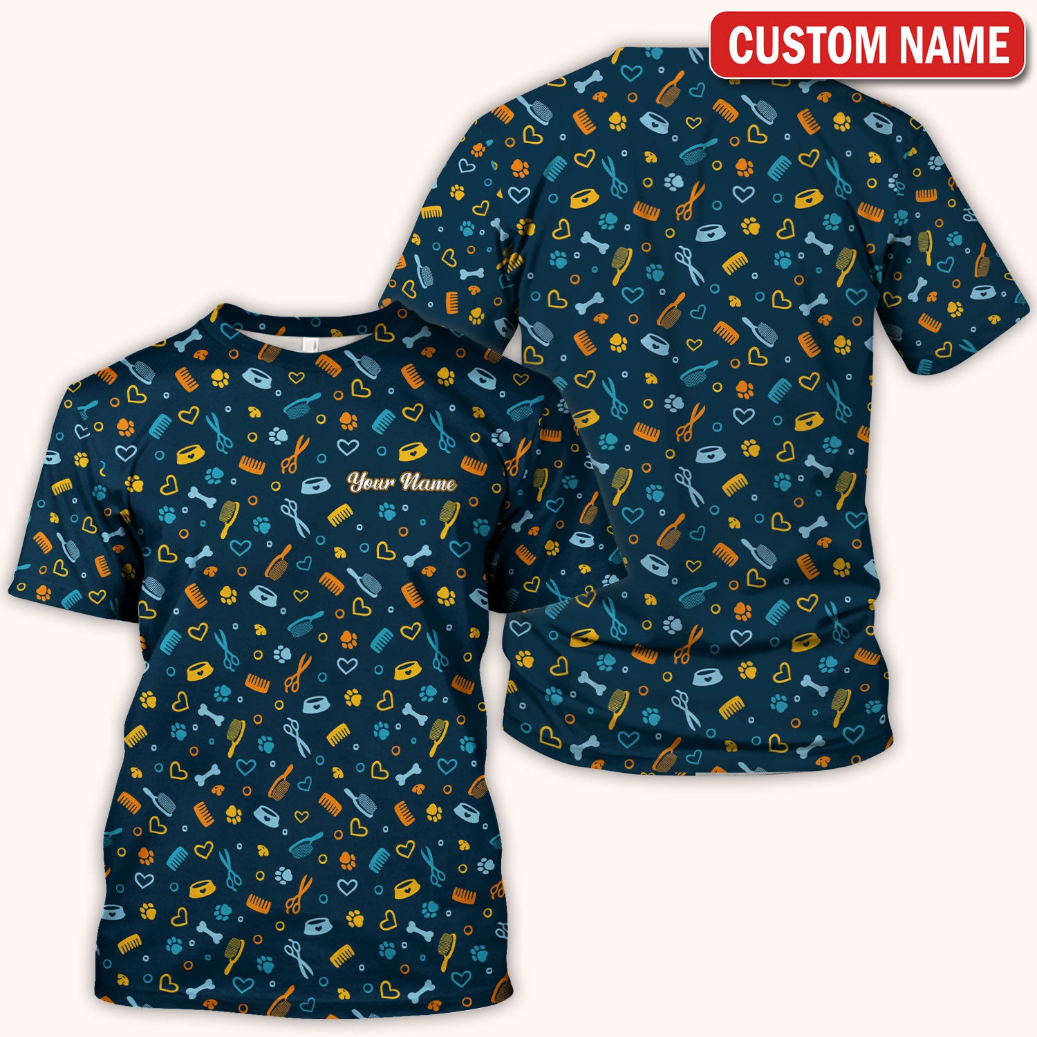 Custom Name Dog Cat Grooming Pattern Scrub Top, Breathable Fabrics Nursing Uniform