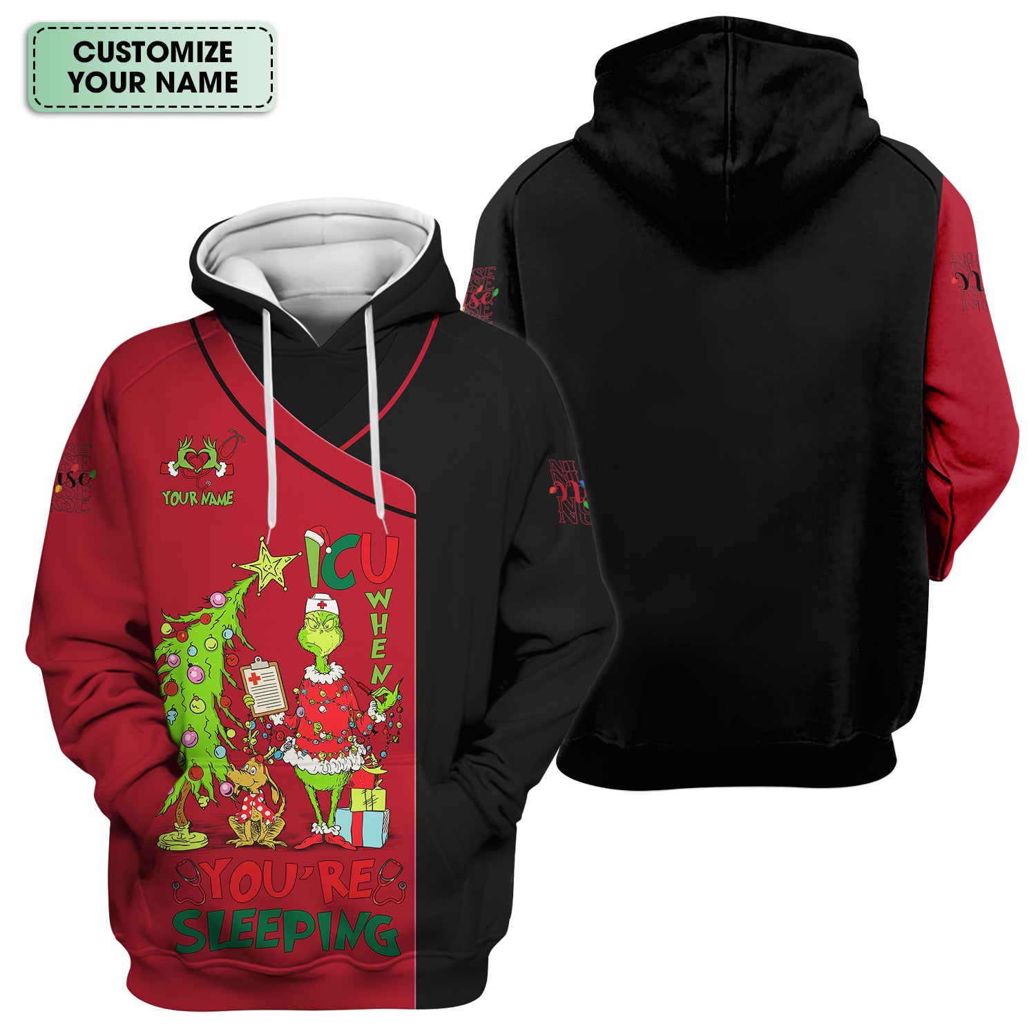 Custom Name Christmas Nurse Scrub - Grinch ICU When You’re Sleeping - LPN CNA RN Gift