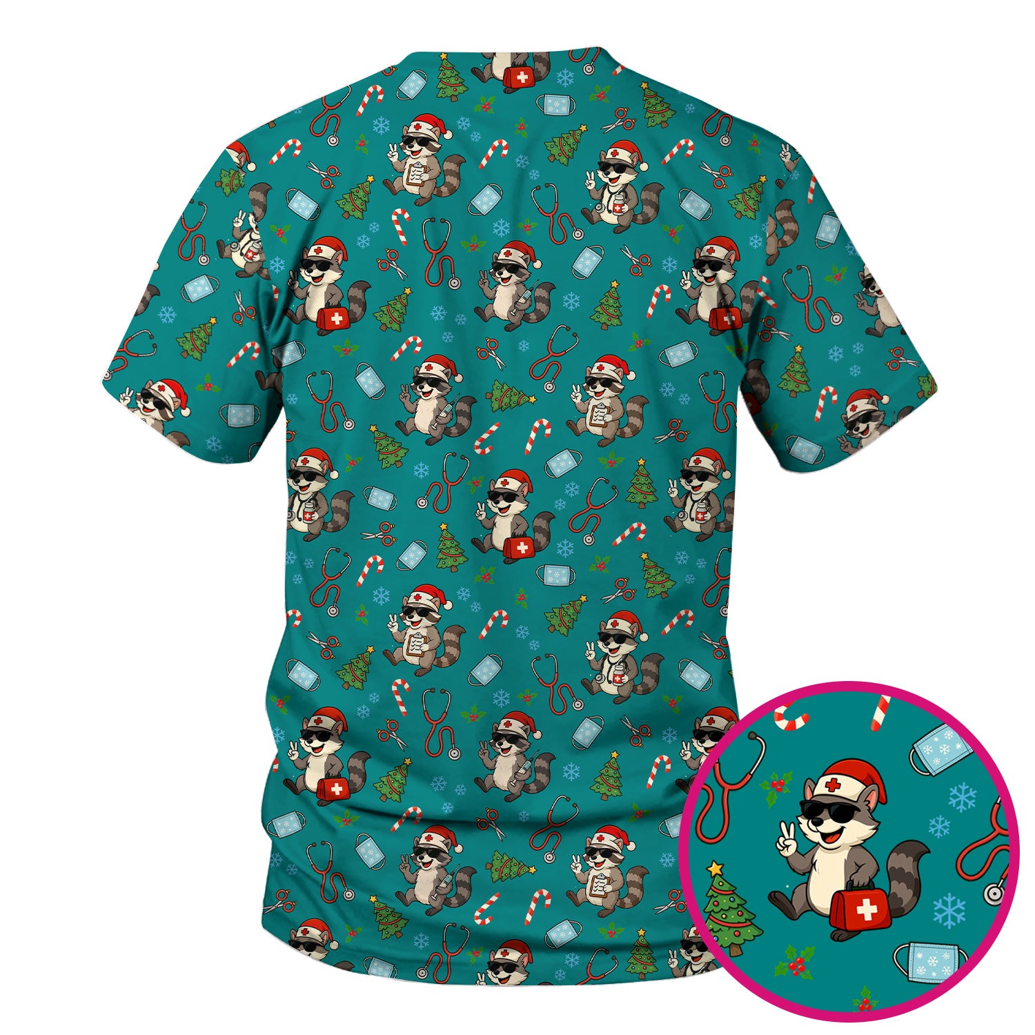 Cute Raccoon Christmas Scrub Top - Santa Hat and Stethoscope Pattern Nurse Scrubs - Funny Holiday Medical Shirt Gift for RN CNA LPN