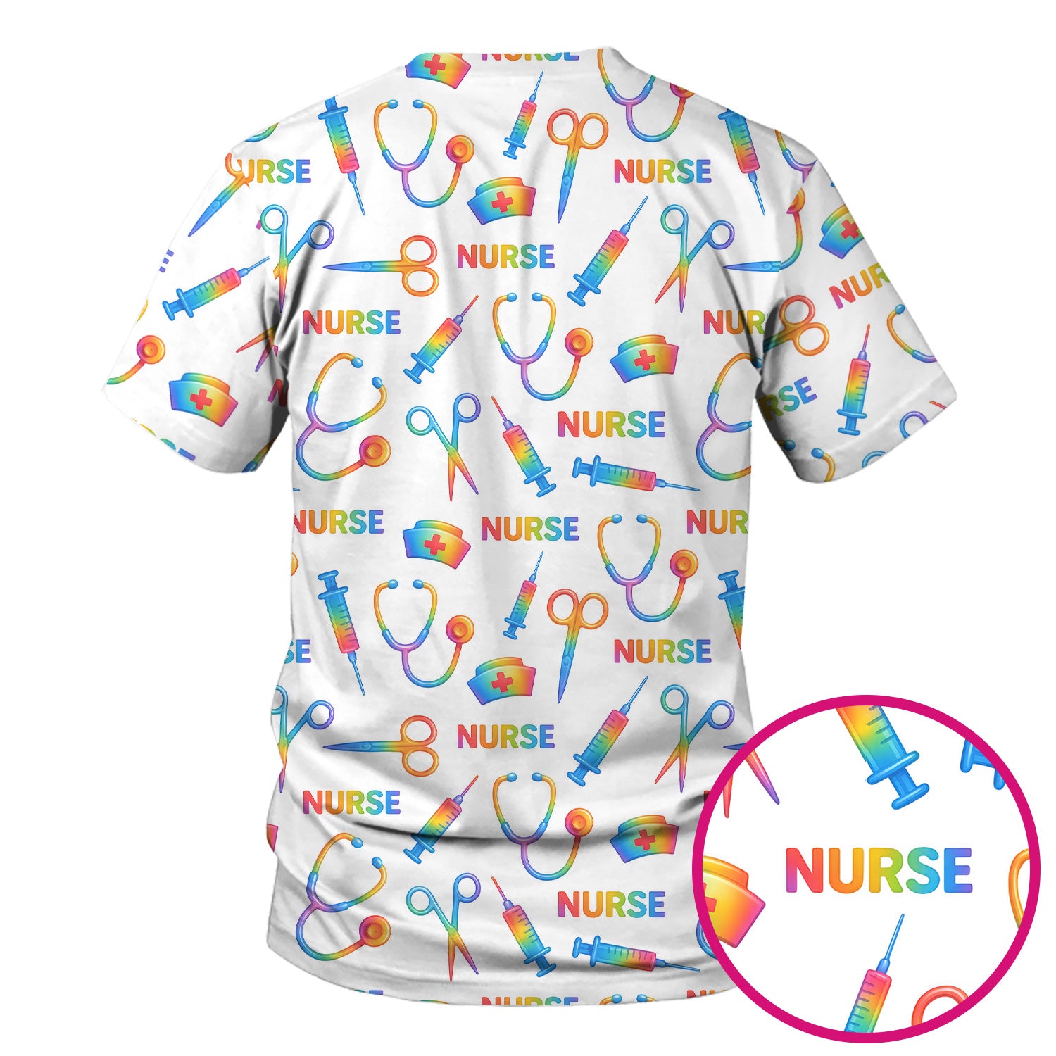 Colorful Nurse Scrub Top for Women - Rainbow Syringe and Scissors Pattern - Fun Medical Scrubs Shirt Gift for RN LPN CNA